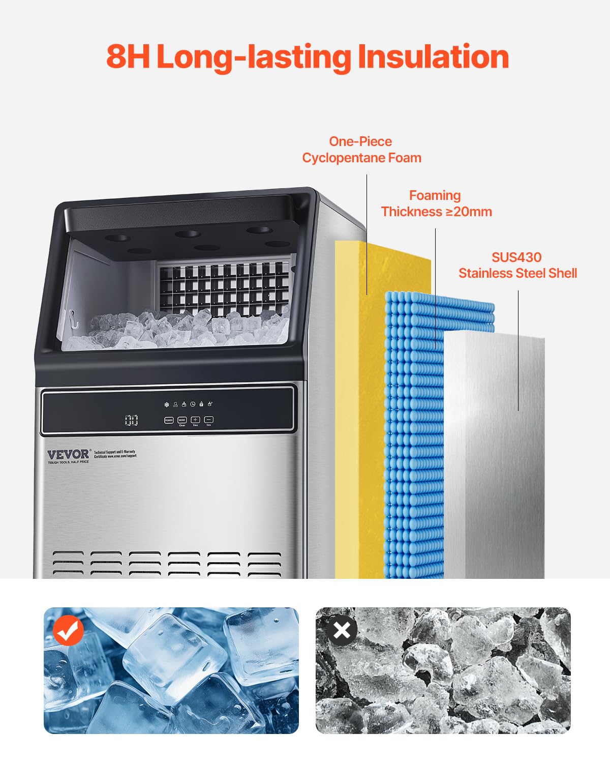 VEVOR 160lbs/24H Commercial Ice Maker, 55 Ice Cubes in 15 Minutes, Freestanding Ice Maker Machine with 33lbs Large Storage Capacity for Bar Office Restaurant, with LED Digital Display & Self-Cleaning - Image 5