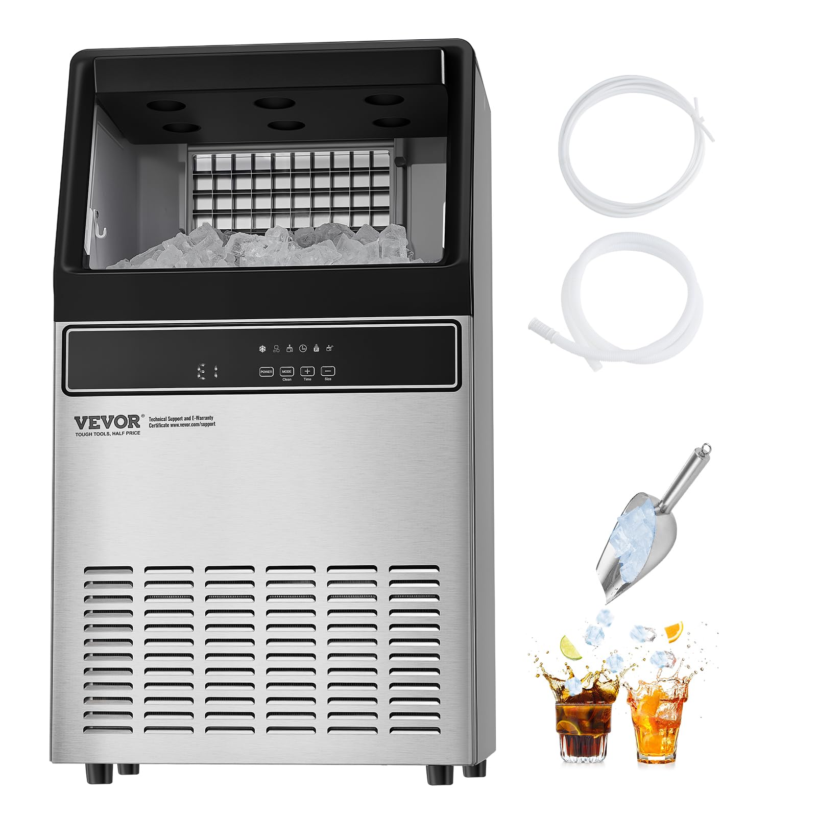 VEVOR 160lbs/24H Commercial Ice Maker, 55 Ice Cubes in 15 Minutes, Freestanding Ice Maker Machine with 33lbs Large Storage Capacity for Bar Office Restaurant, with LED Digital Display & Self-Cleaning - Image 9