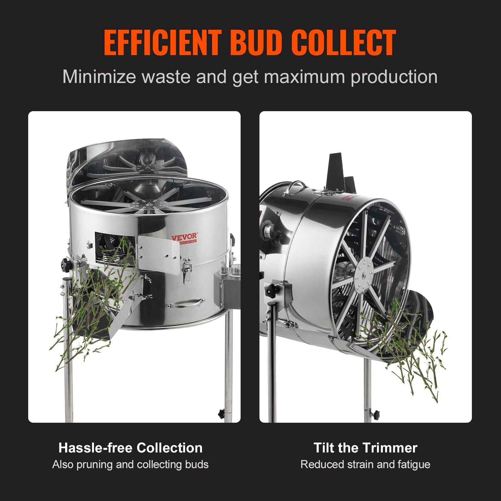 VEVOR 18" Electric Bud Leaf Trimmer, Tillable Trimmer with 60W Adjustable Speed, Stainless-Steel Blades, Mesh Bag & Hand Pruner for Leaves, Bud - Image 4