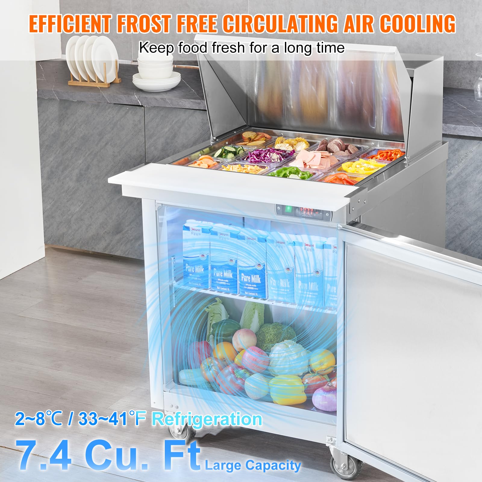 VEVOR 28" Commercial Refrigerator, 12 Pans Sandwich & Salad Prep Table, 7.4 Cu. Ft Stainless Steel Refrigerated Food Prep Station, Frost Free Mega Top Refrigerator for Restaurant, Food Truck, Bar - Image 4