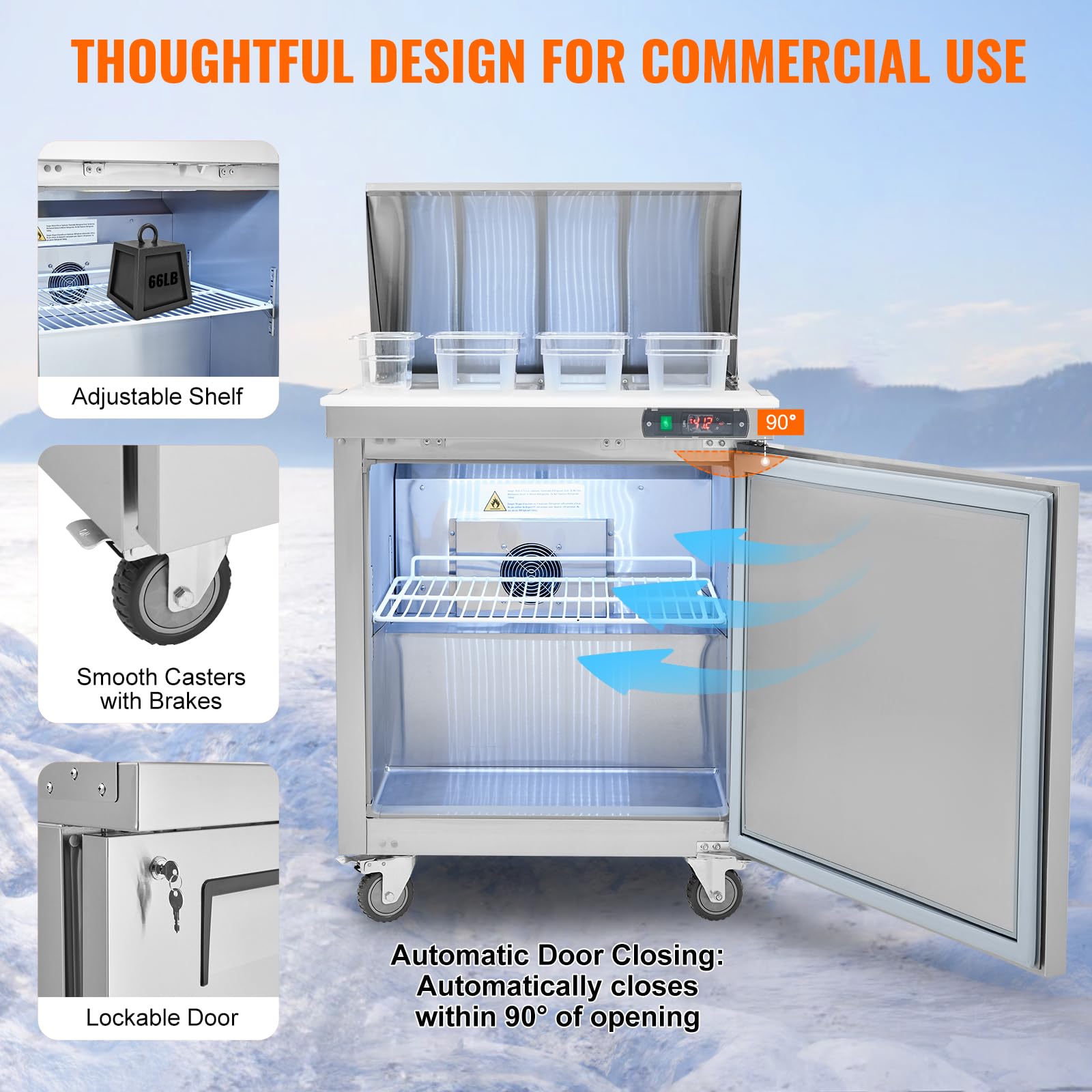 VEVOR 28" Commercial Refrigerator, 12 Pans Sandwich & Salad Prep Table, 7.4 Cu. Ft Stainless Steel Refrigerated Food Prep Station, Frost Free Mega Top Refrigerator for Restaurant, Food Truck, Bar - Image 6