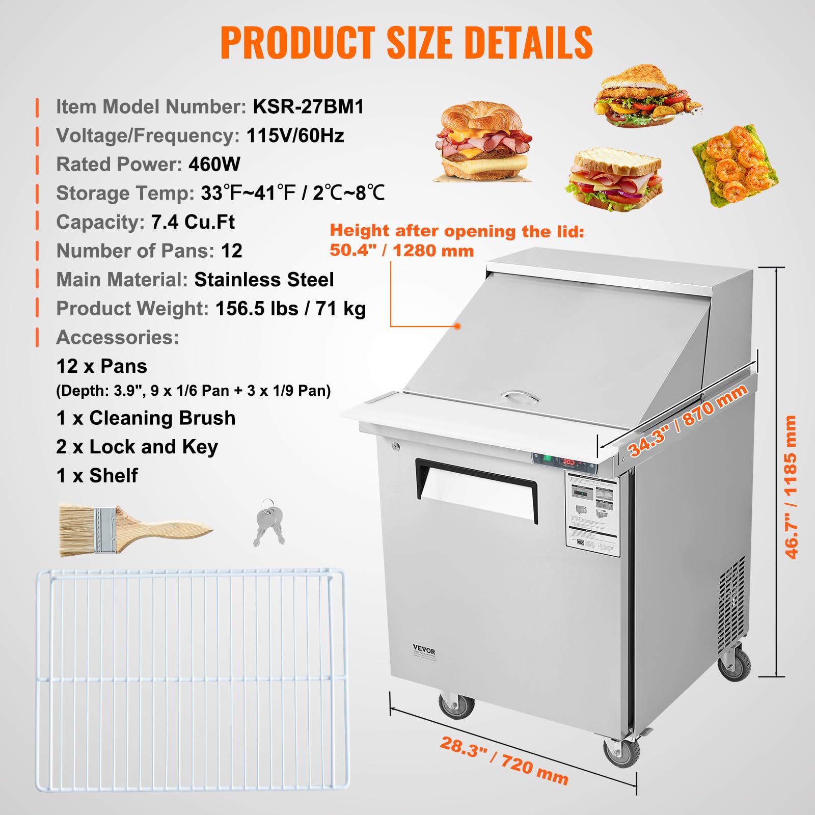 VEVOR 28" Commercial Refrigerator, 12 Pans Sandwich & Salad Prep Table, 7.4 Cu. Ft Stainless Steel Refrigerated Food Prep Station, Frost Free Mega Top Refrigerator for Restaurant, Food Truck, Bar - Image 7