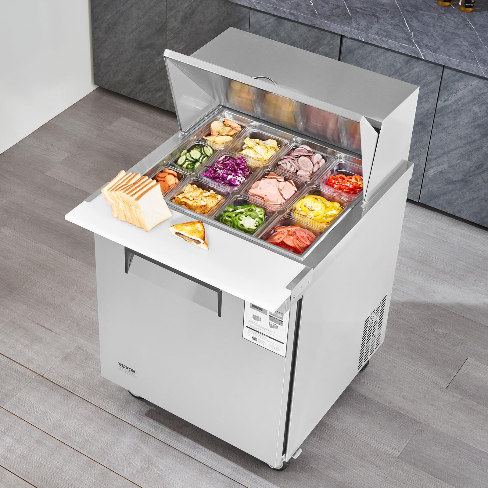VEVOR 28" Commercial Refrigerator, 12 Pans Sandwich & Salad Prep Table, 7.4 Cu. Ft Stainless Steel Refrigerated Food Prep Station, Frost Free Mega Top Refrigerator for Restaurant, Food Truck, Bar - Image 8
