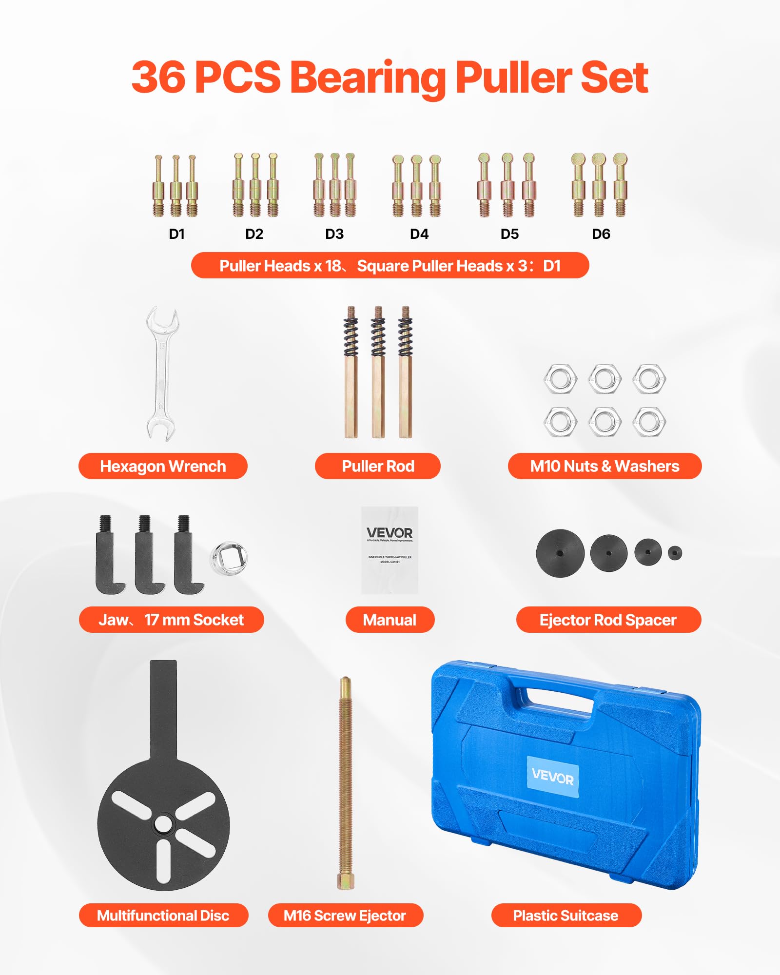 VEVOR 36-in-1 Bearing Puller Set, 36 PCS 3-Jaw Hook Puller for Internal External Bearings and Bearing Without Inner Shaft, Multifunctional Bearing Removal Tool with Heavy Duty Portable Storage Case - Image 7