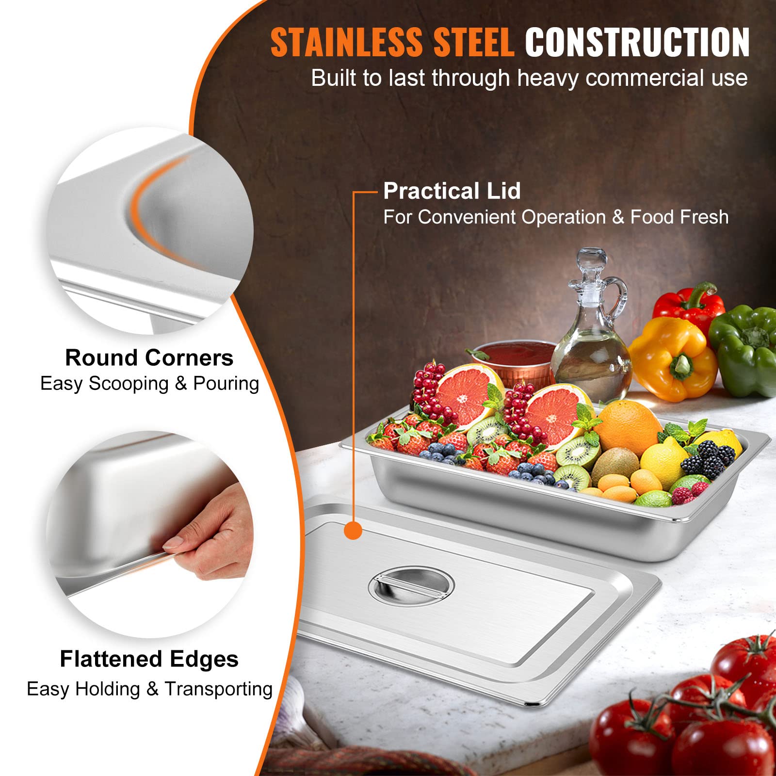 VEVOR 4 Pack Stainless Steel Hotel Pans,Full Size 3.7 Inch Deep 0.8mm Thick Anti Jam Commercial Food Pans with lid,Catering Food Storage Metal Pan for Steam Tables, Restaurants,20.8 x 13 x 3.7 inch. - Image 3