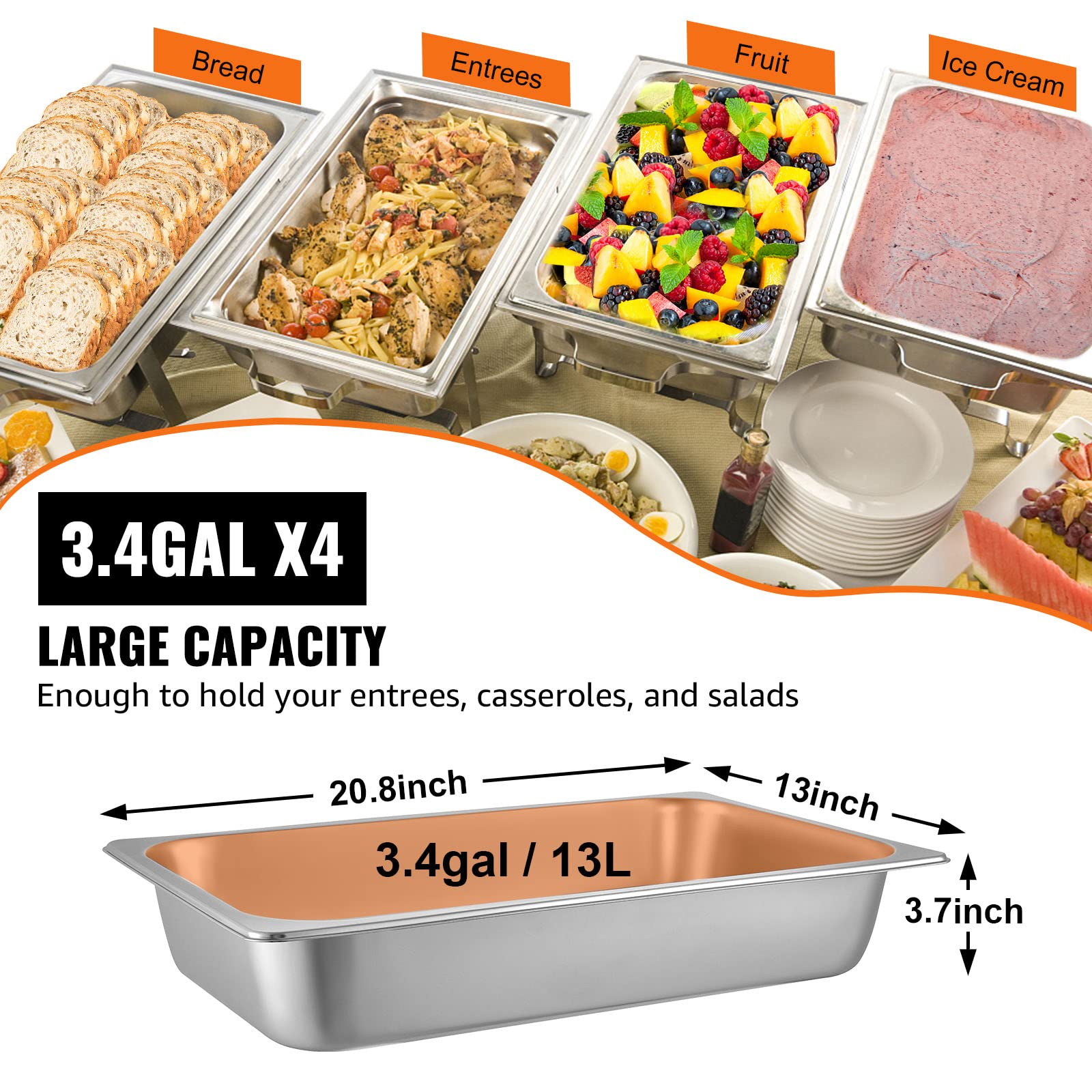 VEVOR 4 Pack Stainless Steel Hotel Pans,Full Size 3.7 Inch Deep 0.8mm Thick Anti Jam Commercial Food Pans with lid,Catering Food Storage Metal Pan for Steam Tables, Restaurants,20.8 x 13 x 3.7 inch. - Image 4