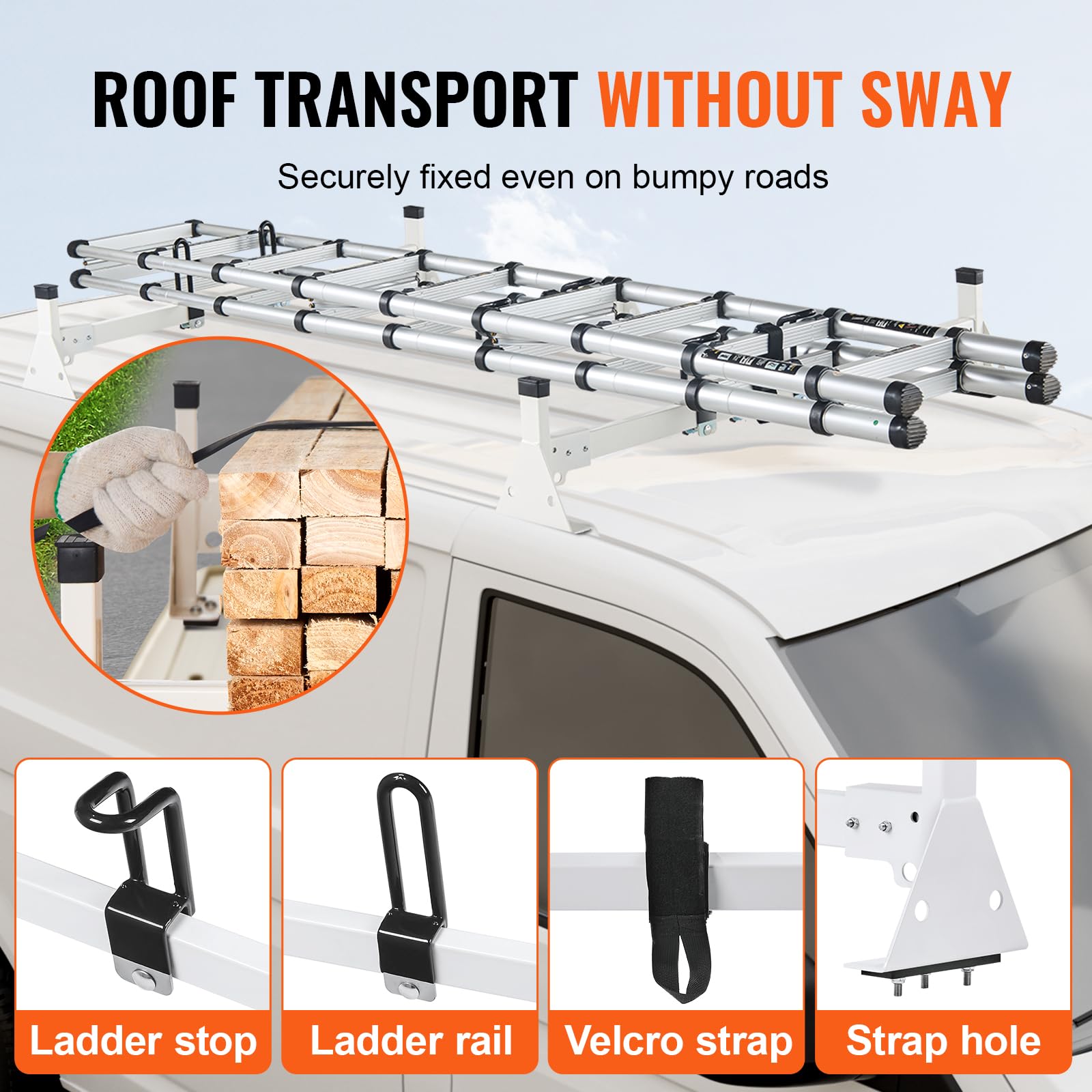 VEVOR 54" Van Roof Ladder Racks, 600 lbs Capacity Heavy-Duty Steel Roof Racks for Van, Drilling Racks with Straps, Fit for Ford Transit 150, 250, 350, 2015-2022, 2 Bars - Image 5