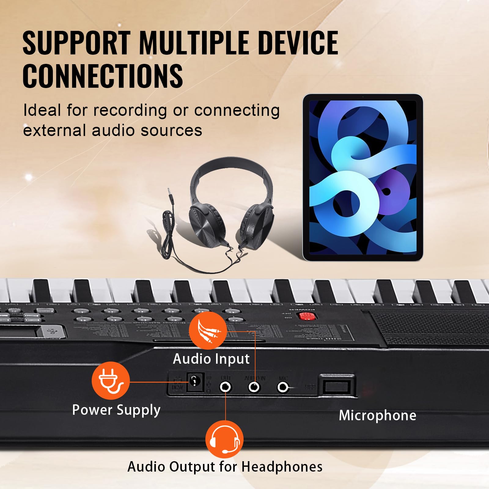 VEVOR 61 Key Digital Keyboard Piano, 200 Tones 200 Rhythms, Electric Portable Piano Keyboard Kit with 60 Demo Songs Built-In Dual Speakers Headphones, Piano Stickers for Beginners Learning - Image 4