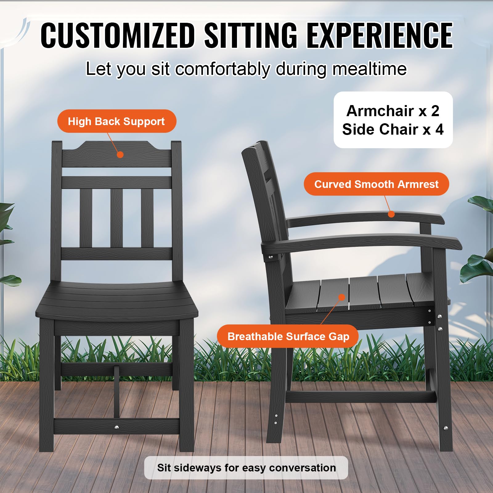 VEVOR 7 Pieces Patio Dining Set, Outdoor Rectangle Furniture Table and Chairs Set, All Weather Garden Furniture Table Sets, HIPS Patio Conversation Set, for Lawn, Deck, Backyard, Poolside - Image 6