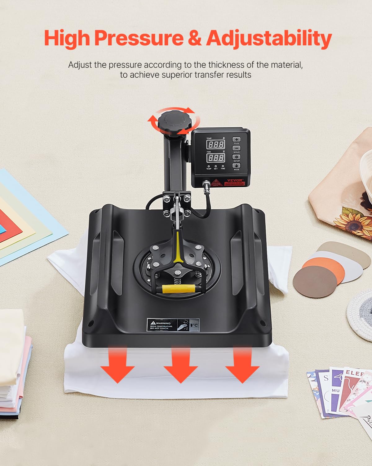 VEVOR 8 in 1 Heat Press Machine 15x15 Inch, 360° Swing Away Tshirt Press, Digital Professional Sublimation Heat Transfer for T Shirts Hat Cap Mug Plate - Image 5