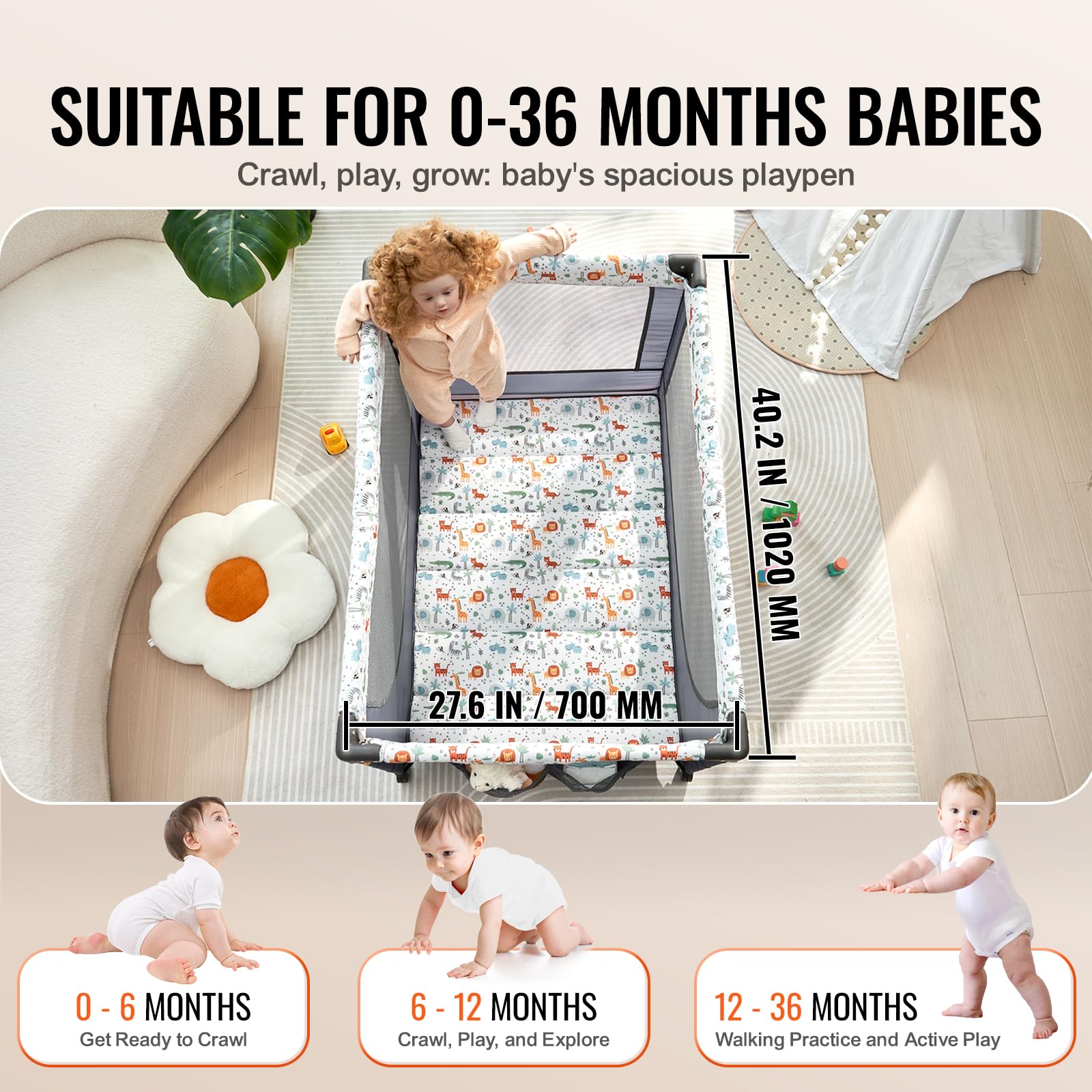 VEVOR Baby Travel Crib and Play Yard, Folding Baby Playpen with Soft Mattress Pad, Portable Toddlers Crib with Breathable Mesh and Travel Bag, Indoor/Outdoor Kid Activity Center for 0-36 Months Babies - Image 3