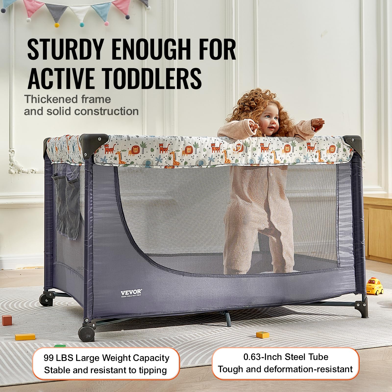 VEVOR Baby Travel Crib and Play Yard, Folding Baby Playpen with Soft Mattress Pad, Portable Toddlers Crib with Breathable Mesh and Travel Bag, Indoor/Outdoor Kid Activity Center for 0-36 Months Babies - Image 4