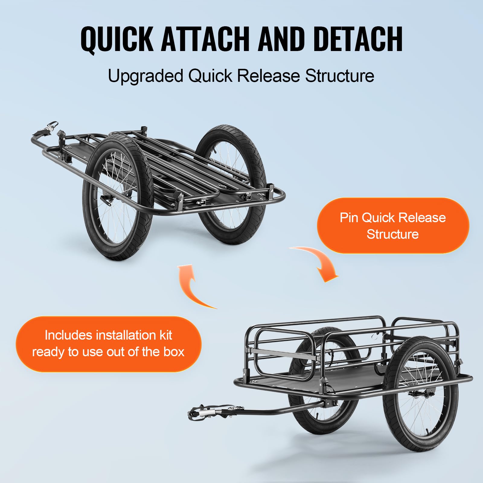 VEVOR Bike Cargo Trailer, 70/275 lbs Load Capacity, Foldable Compact Storage & Quick Release with Universal Hitch, 20" Wheels, Fits Most Bike Wheels, Carbon Steel Frame, Heavy-Duty Bicycle Wagon Cart - Image 4