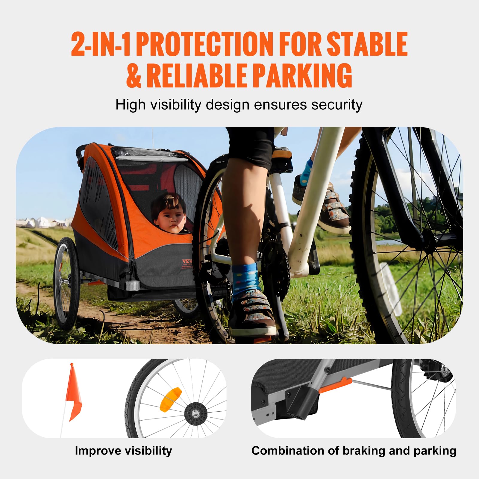 VEVOR Bike Trailer for Toddlers Kids, Single & Double Seat Options, 2-in-1 Canopy Carrier with Strong Frame Converts to Stroller, Tow Behind Foldable Child Bicycle Trailer with Universal Coupler - Image 3