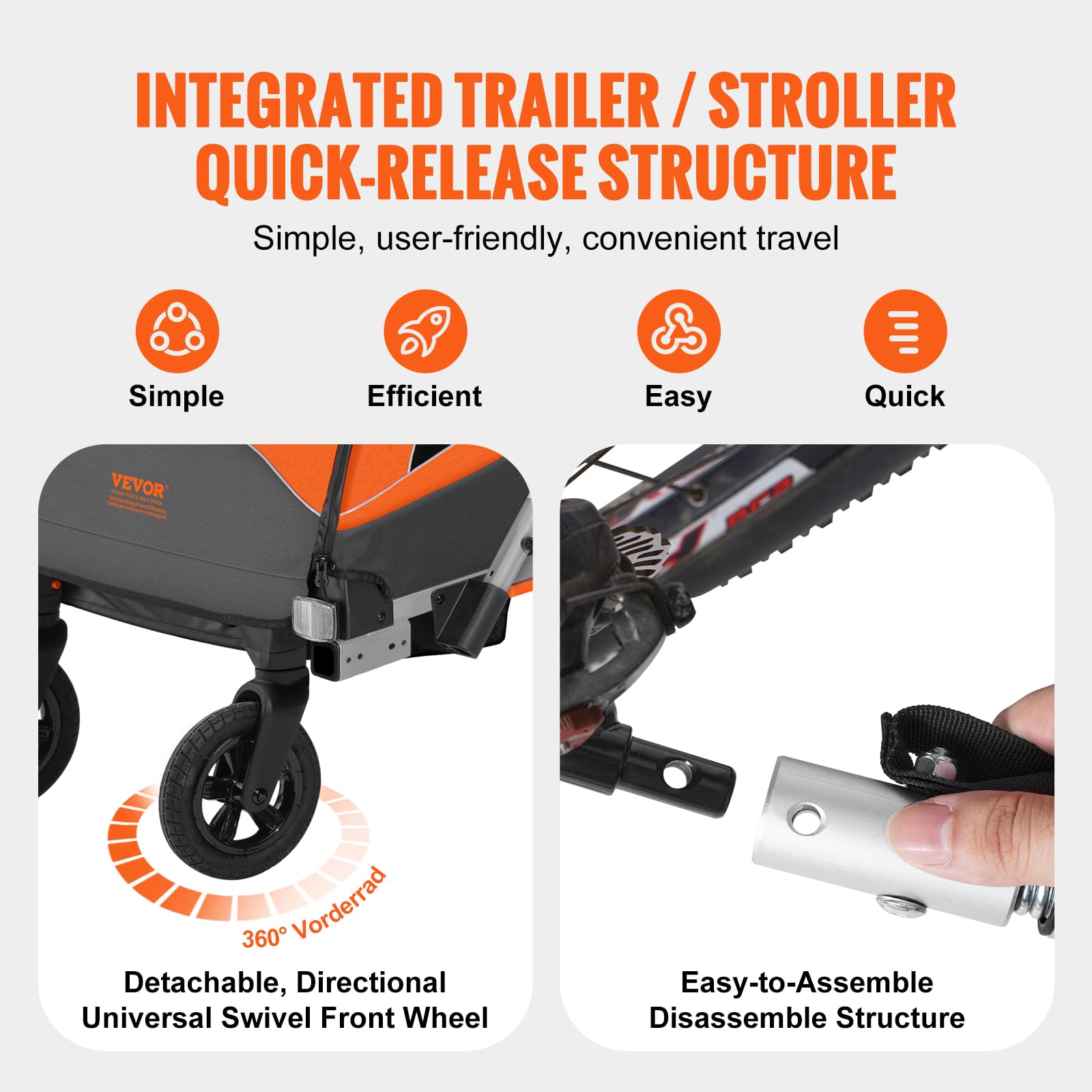 VEVOR Bike Trailer for Toddlers Kids, Single & Double Seat Options, 2-in-1 Canopy Carrier with Strong Frame Converts to Stroller, Tow Behind Foldable Child Bicycle Trailer with Universal Coupler - Image 5