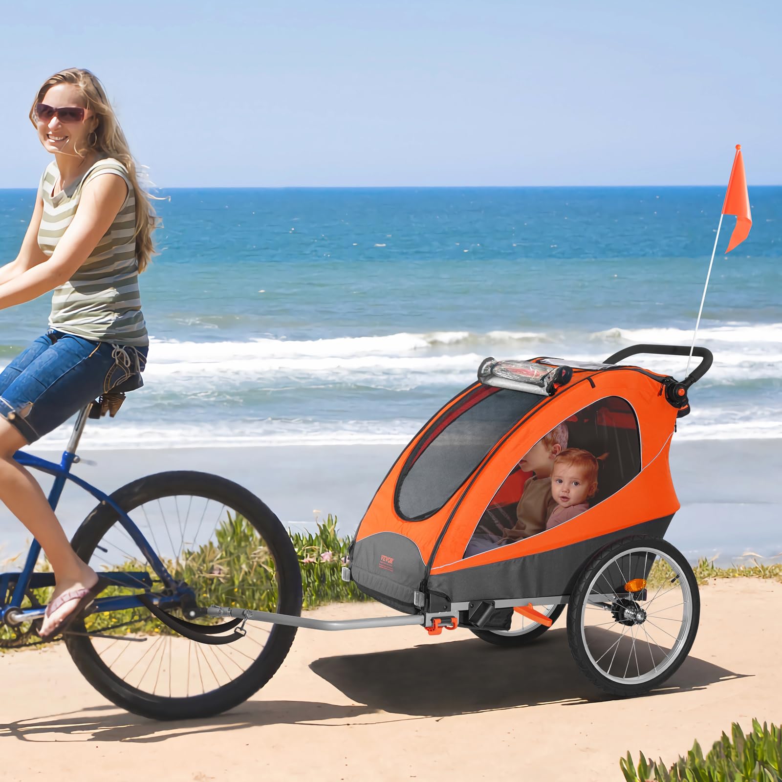 VEVOR Bike Trailer for Toddlers Kids, Single & Double Seat Options, 2-in-1 Canopy Carrier with Strong Frame Converts to Stroller, Tow Behind Foldable Child Bicycle Trailer with Universal Coupler - Image 8
