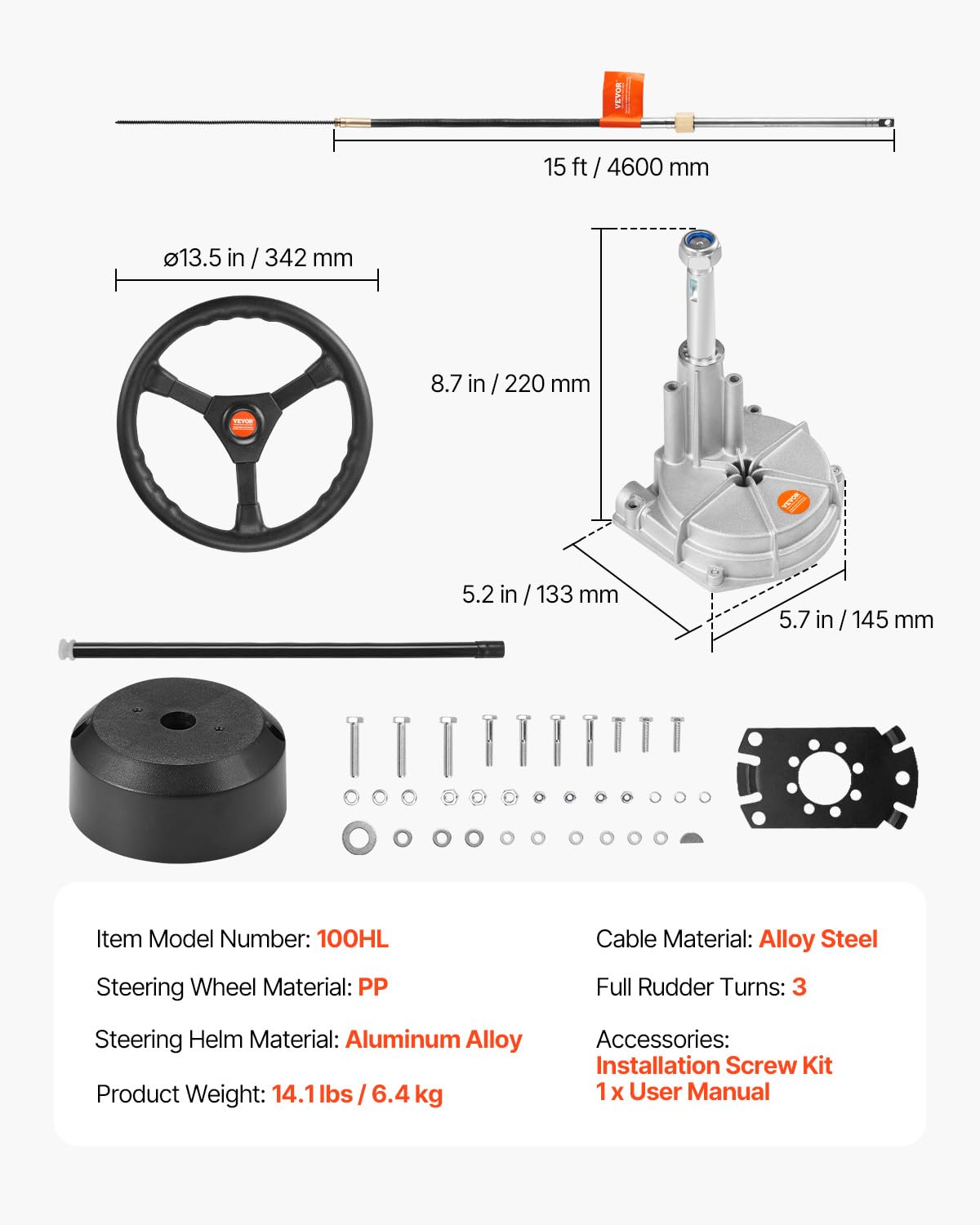 VEVOR Boat Steering System Kit, 10/11/12/13/14/15/16FT Outboard Boat Steering Control Cable, 13.5" Steering Wheel, 3/4" Tapered Shaft, Alloy Marine Steering System, for Yachts, Fishing Boats - Image 7