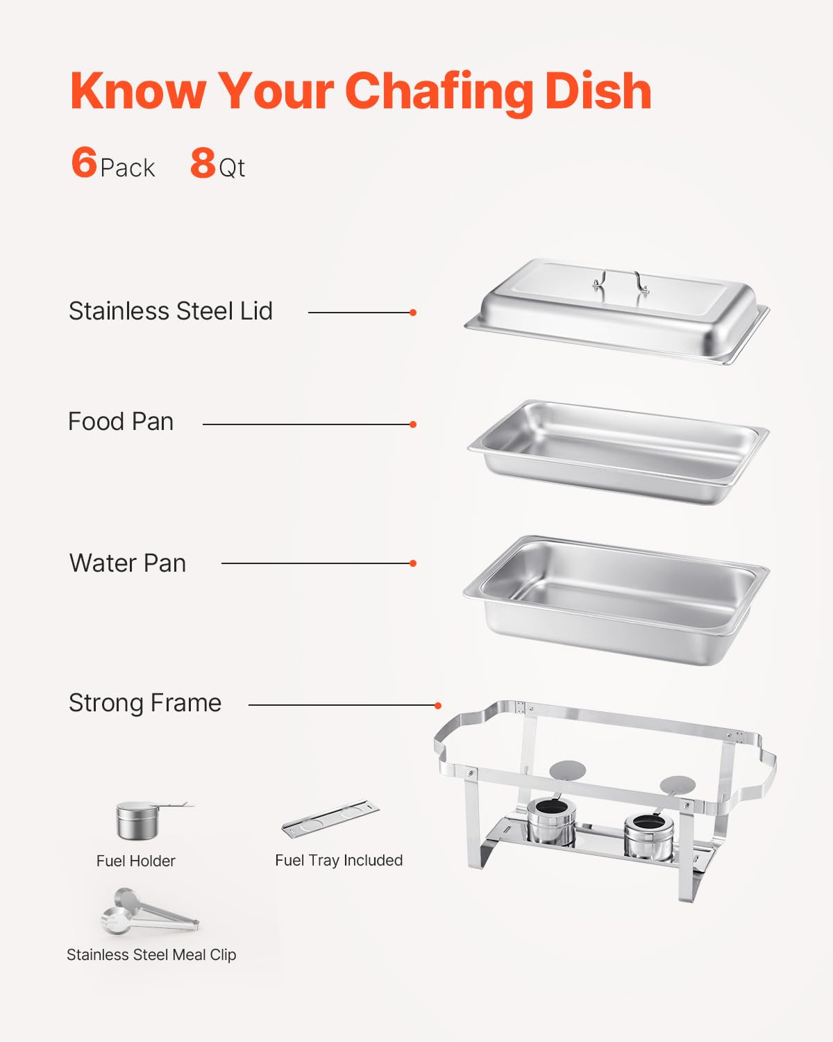 VEVOR Chafing Dish Buffet Set, 8 Qt 6 Pack, Stainless Steel Chafer with 6 Full Size Pans, Rectangle Catering Warmer Server with Lid Water Pan Stand Fuel Holder, for Weddings Parties Banquets, Silver - Image 5