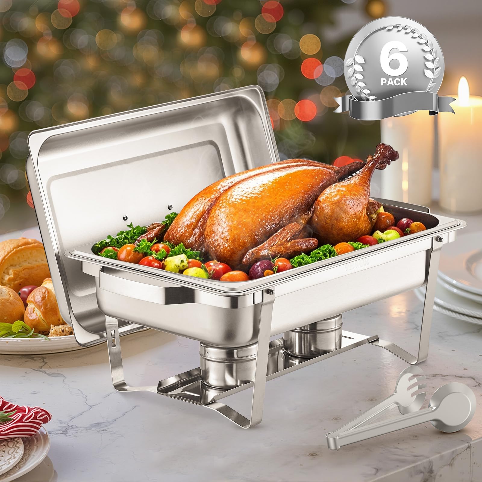 VEVOR Chafing Dish Buffet Set, 8 Qt 6 Pack, Stainless Steel Chafer with 6 Full Size Pans, Rectangle Catering Warmer Server with Lid Water Pan Stand Fuel Holder, for Weddings Parties Banquets, Silver - Image 8