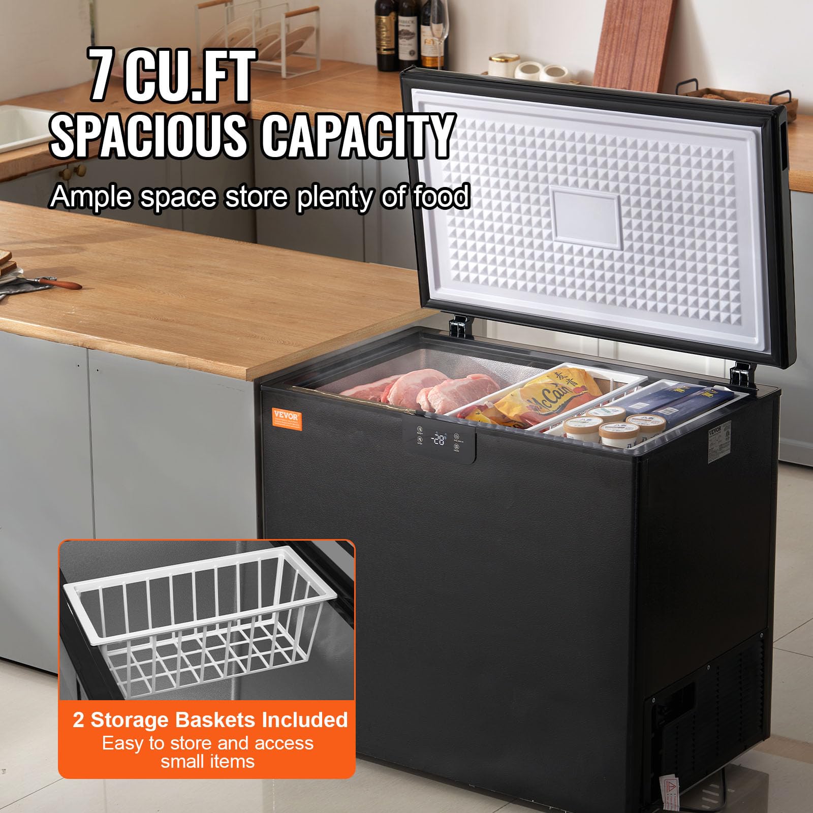 VEVOR Chest Freezer, 7 Cu.ft / 198 L Compact Deep Freezer, Free Standing Top Open Door Compact Freezers with 2 Removable Baskets & Adjustable Thermostat, Energy Saving & Low Noise, Black - Image 3