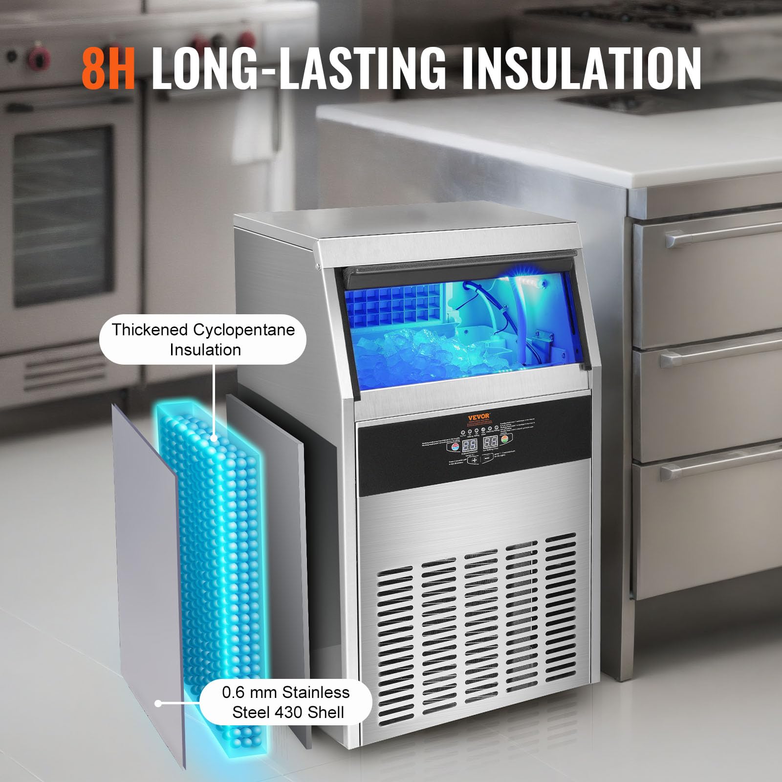 VEVOR Commercial Ice Maker, 130lbs/24H, Ice Maker Machine, 60 Ice Cubes in 12-15 Minutes, Freestanding Cabinet Ice Maker with 33lbs Storage Capacity LED Digital Display, for Bar Home Office Restaurant - Image 5