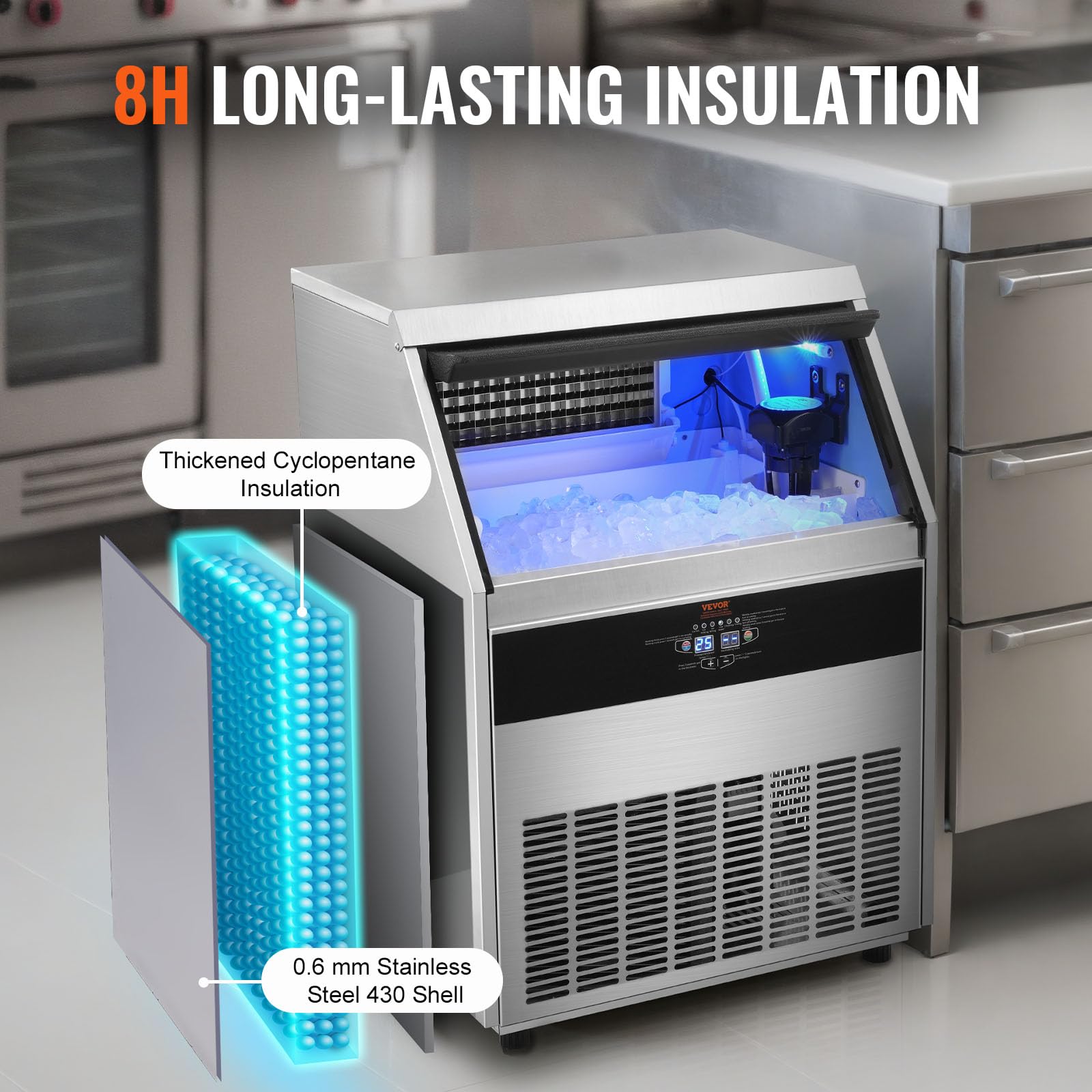 VEVOR Commercial Ice Maker Machine, 330lbs/24H Ice Maker Machine with 88lbs Storage Capacity, 126 Ice Cubes in 12-15 Minutes, LED Digital Display Commercial Ice Maker for Bar Home Restaurant, Silver - Image 5