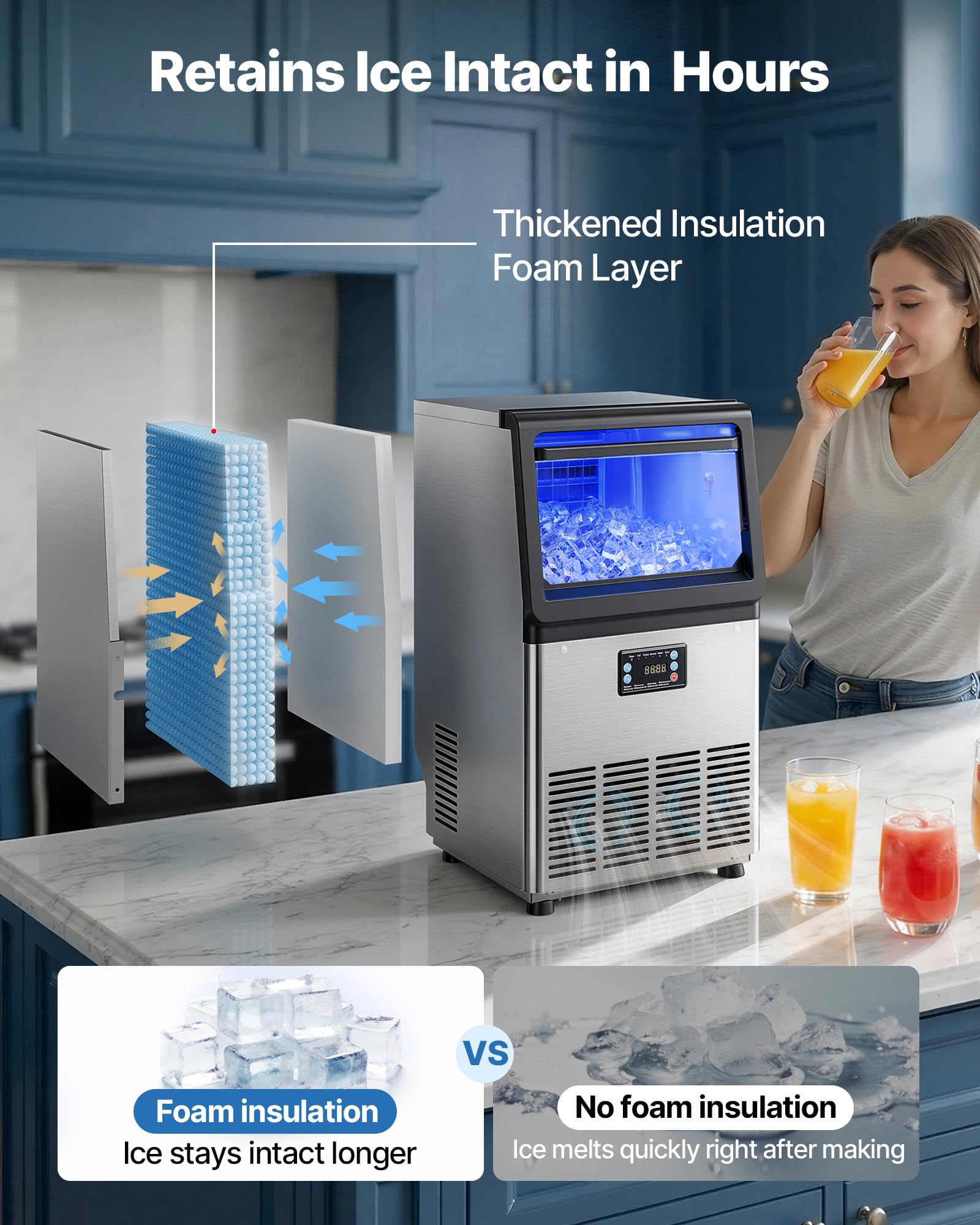 VEVOR Commercial Ice Maker Machine, 80 lbs/24h with 13 lbs Storage Capacity, Countertop/Freestanding/Under Counter, Stainless Steel Ice Maker with LED Display & Self-Cleaning, for Home Bar Restaurant - Image 3
