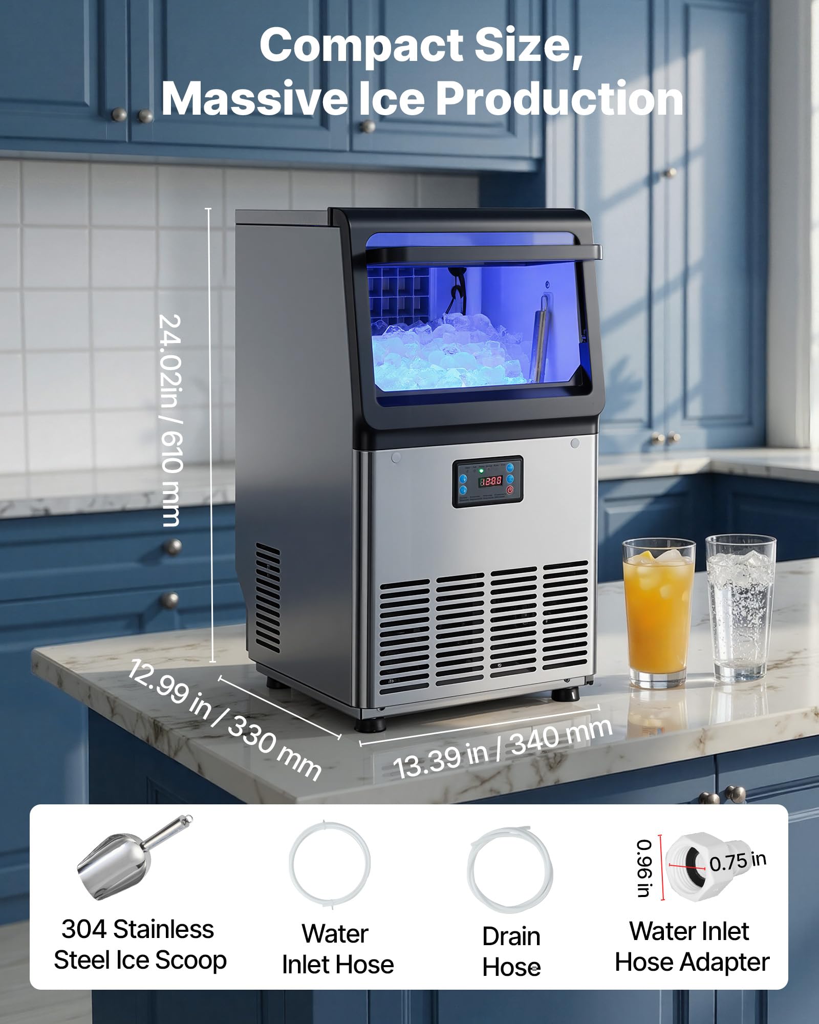 VEVOR Commercial Ice Maker Machine, 80 lbs/24h with 13 lbs Storage Capacity, Countertop/Freestanding/Under Counter, Stainless Steel Ice Maker with LED Display & Self-Cleaning, for Home Bar Restaurant - Image 7