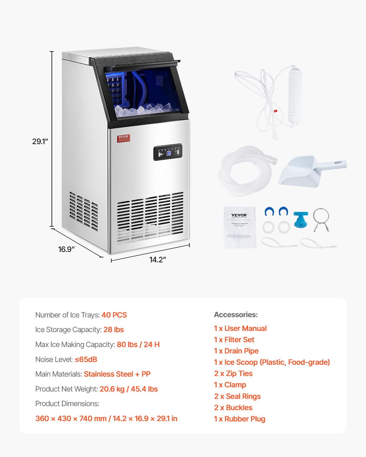 VEVOR Commercial Ice Maker Machine, 80lbs/24H Ice Maker Machine with 28lbs Storage Capacity, 40 Ice Cubes in 15 Minutes, LED Digital Display Freestanding Self-Cleaning for Bar Office Restaurant - Image 7