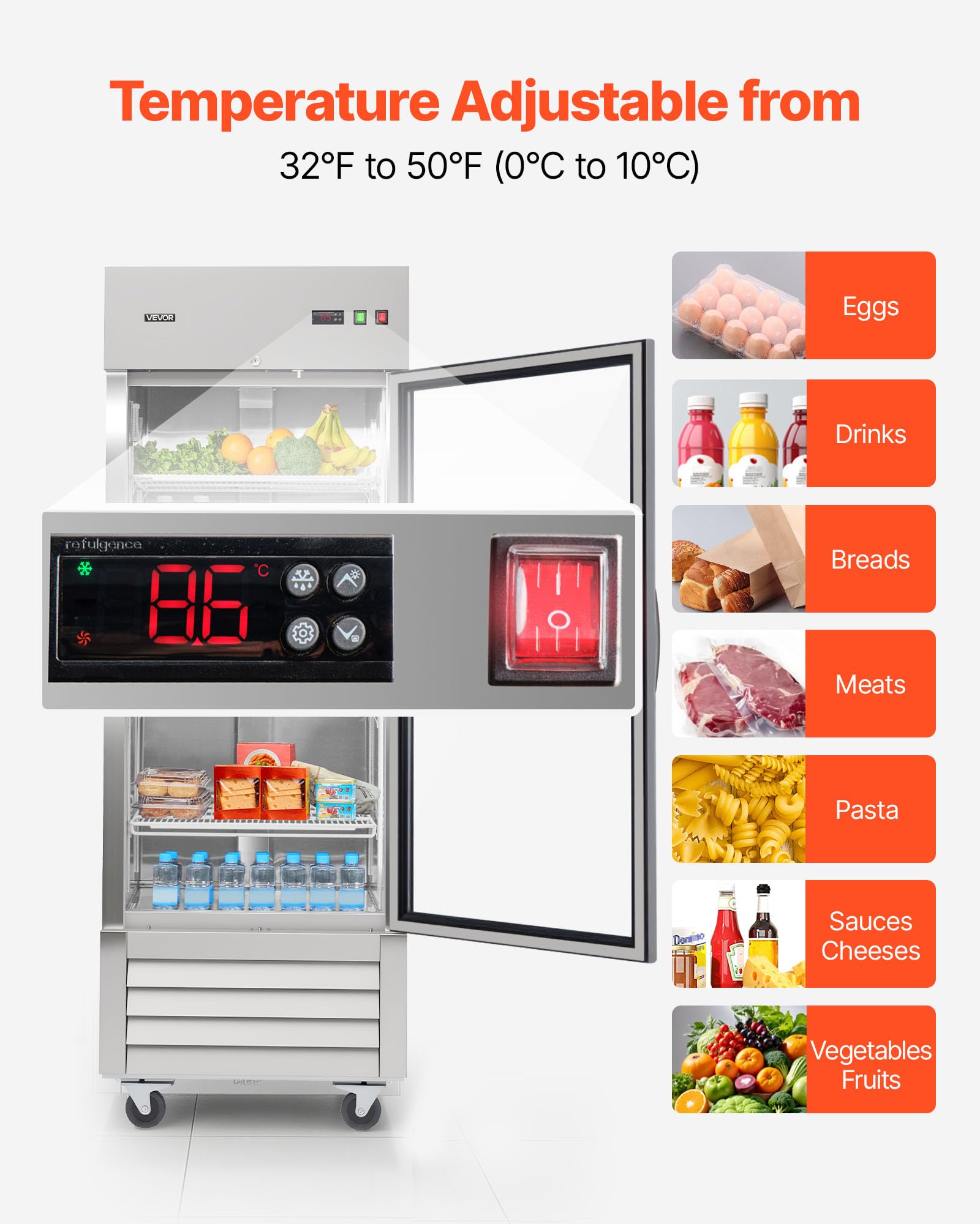 VEVOR Commercial Reach-In Refrigerator 29" W, 22 Cu.Ft Stainless Steel Upright Refrigerator with Single Glass Door, Auto-Defrost, 4 Adjustable Shelves, 32 to 50℉ Temp Control, ETL Certified - Image 3
