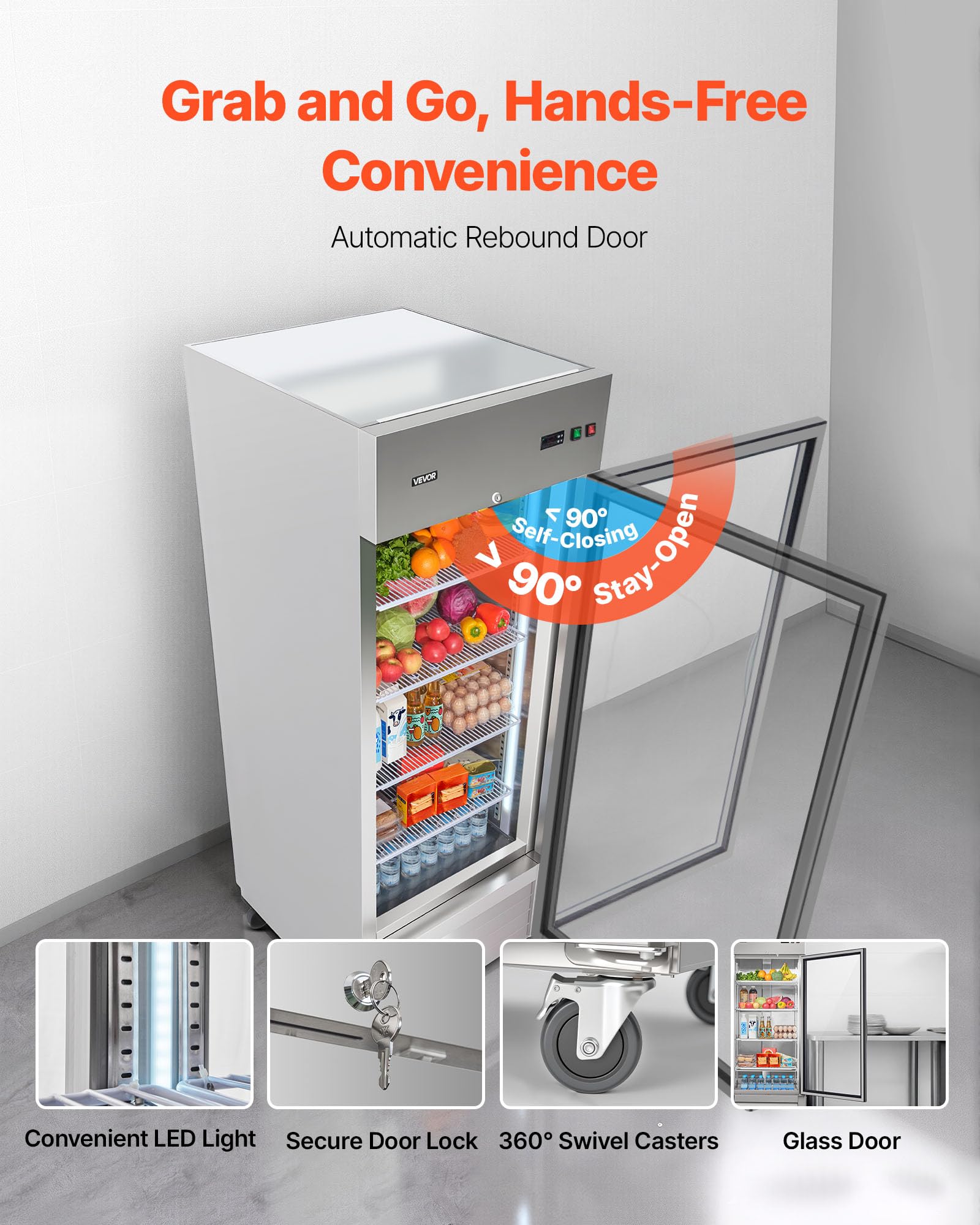 VEVOR Commercial Reach-In Refrigerator 29" W, 22 Cu.Ft Stainless Steel Upright Refrigerator with Single Glass Door, Auto-Defrost, 4 Adjustable Shelves, 32 to 50℉ Temp Control, ETL Certified - Image 5