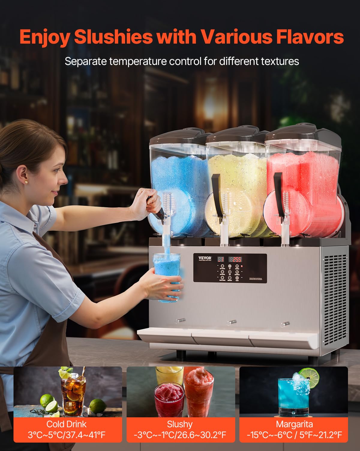 VEVOR Commercial Slushy Machine, 12Lx3 Triple Tank Frozen Drink Machine, 144 Cups Stainless Steel Margarita Smoothie Frozen Drink Maker, Slushie Maker for Home Party Restaurants Cafe Bars - Image 3