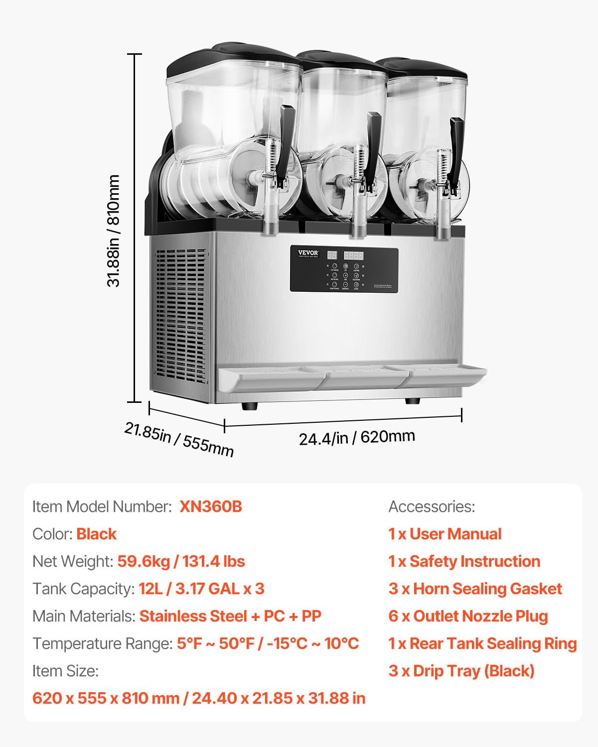 VEVOR Commercial Slushy Machine, 12Lx3 Triple Tank Frozen Drink Machine, 144 Cups Stainless Steel Margarita Smoothie Frozen Drink Maker, Slushie Maker for Home Party Restaurants Cafe Bars - Image 7