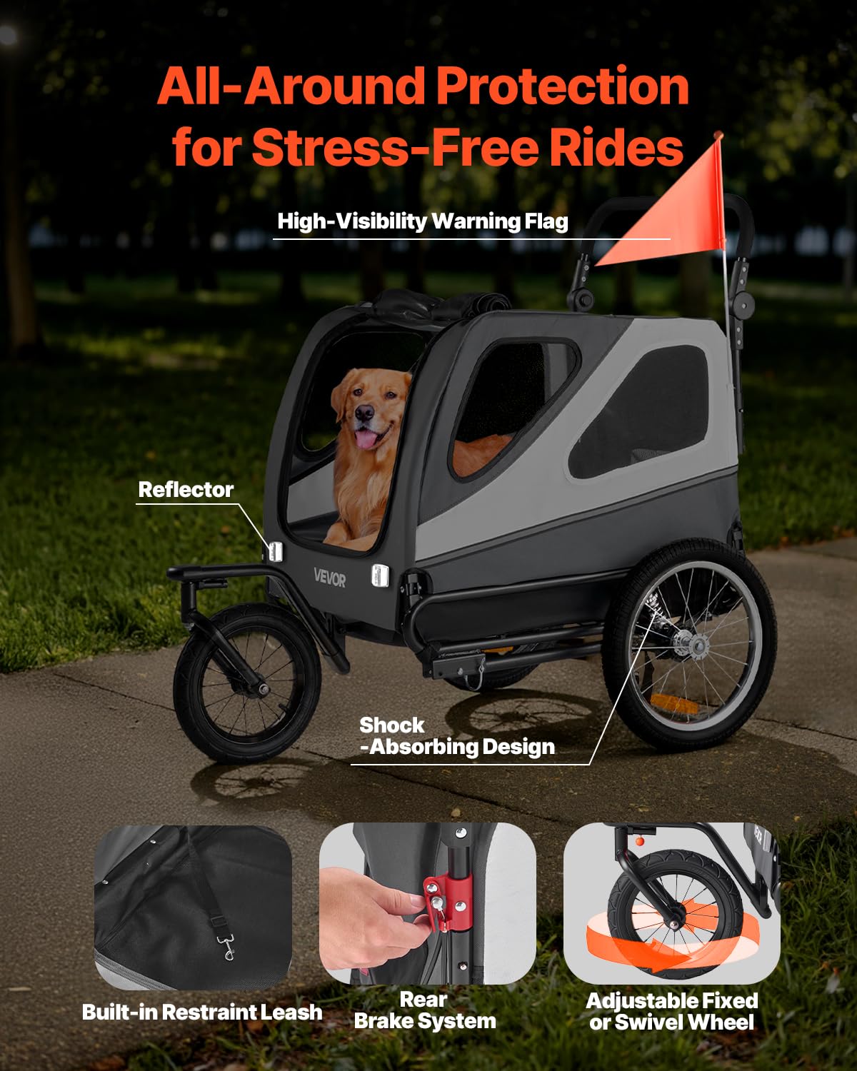 VEVOR Dog Bike Trailer, Supports up to 66/88/100 lbs, 2-in-1 Pet Stroller Cart Bicycle Carrier, Easy Folding Cart Frame with Quick Release Wheels, Universal Bicycle Coupler, Reflectors, Flag - Image 5
