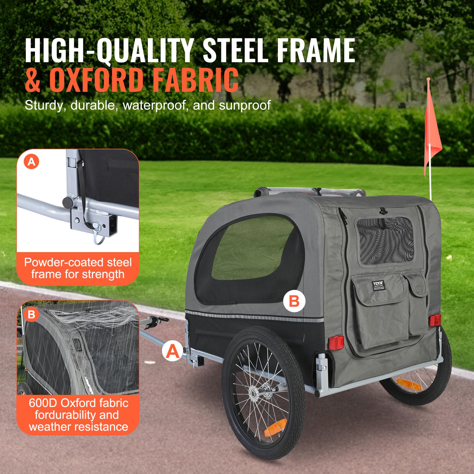 VEVOR Dog Bike Trailer, Supports up to 88 lbs, Pet Cart Bicycle Carrier, Easy Folding Frame with Quick Release Wheels, Universal Bicycle Coupler, Reflectors, Flag, Collapsible to Store - Image 3