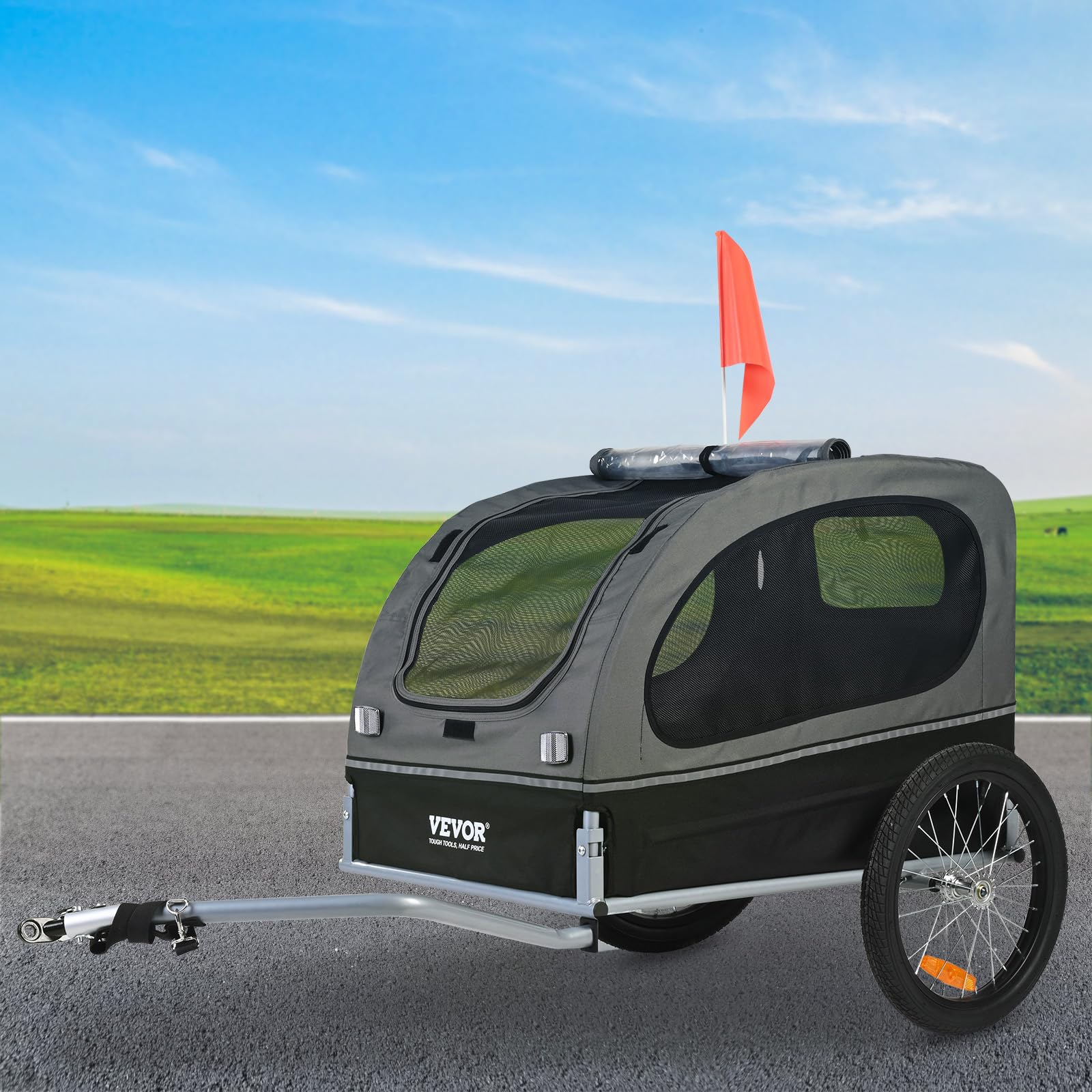 VEVOR Dog Bike Trailer, Supports up to 88 lbs, Pet Cart Bicycle Carrier, Easy Folding Frame with Quick Release Wheels, Universal Bicycle Coupler, Reflectors, Flag, Collapsible to Store - Image 8
