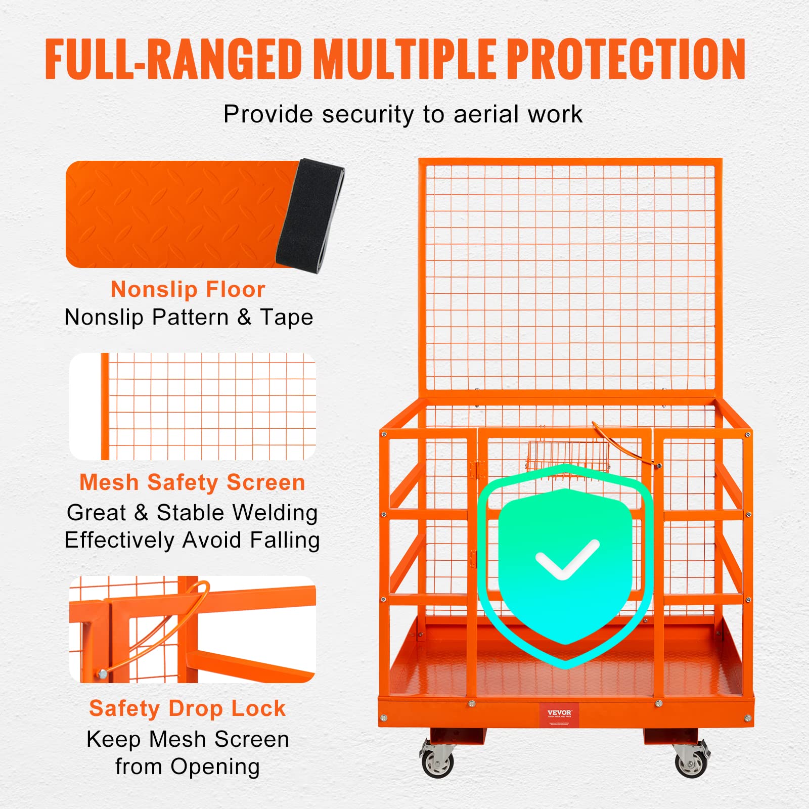 VEVOR Forklift Safety Cage, Forklift Man Basket 1400lbs Capacity, 43"x45" Work Platform with Safety Harness & Lock, Drain Hole & Wheels & Tool Basket, Perfect for Aerial Work - Image 3