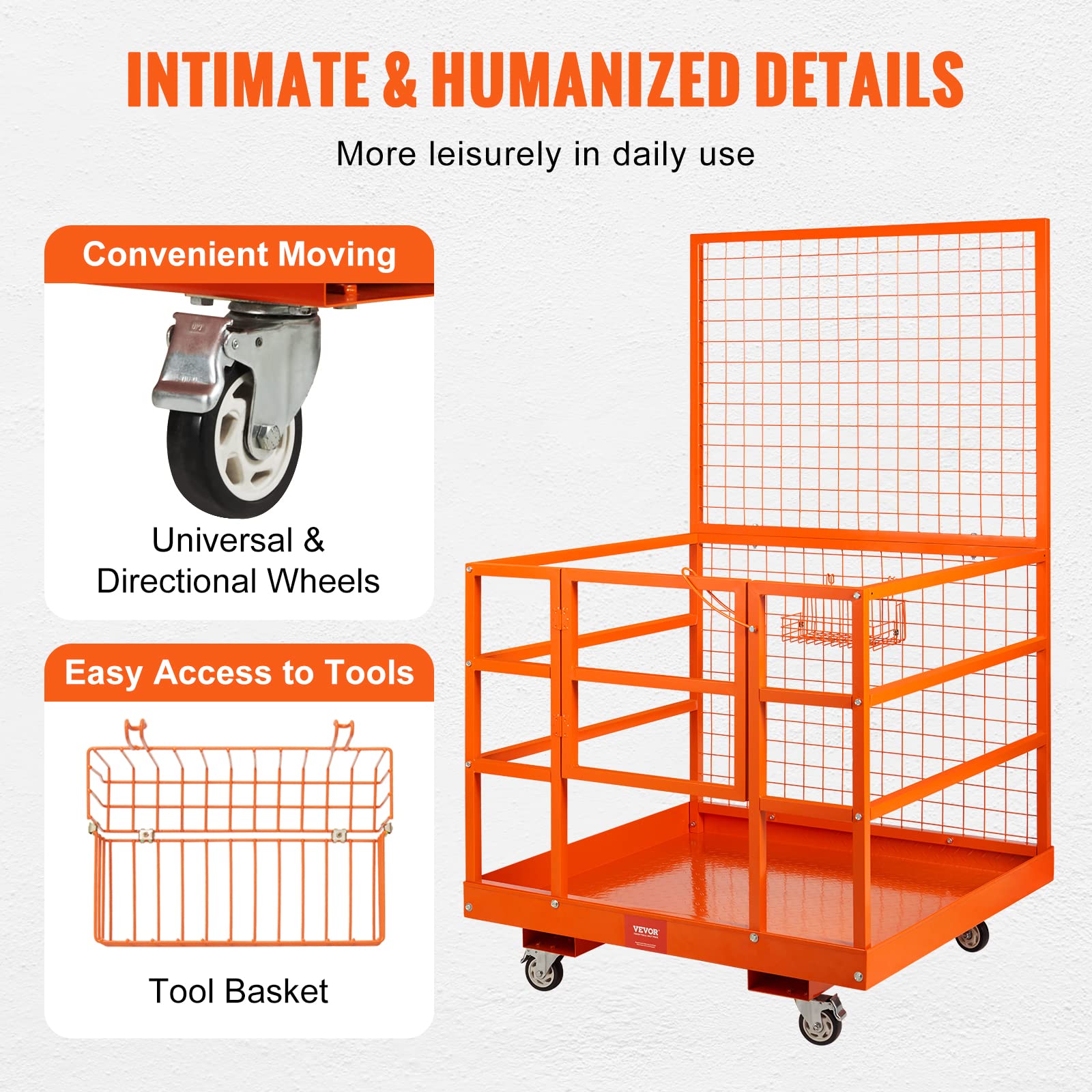 VEVOR Forklift Safety Cage, Forklift Man Basket 1400lbs Capacity, 43"x45" Work Platform with Safety Harness & Lock, Drain Hole & Wheels & Tool Basket, Perfect for Aerial Work - Image 5