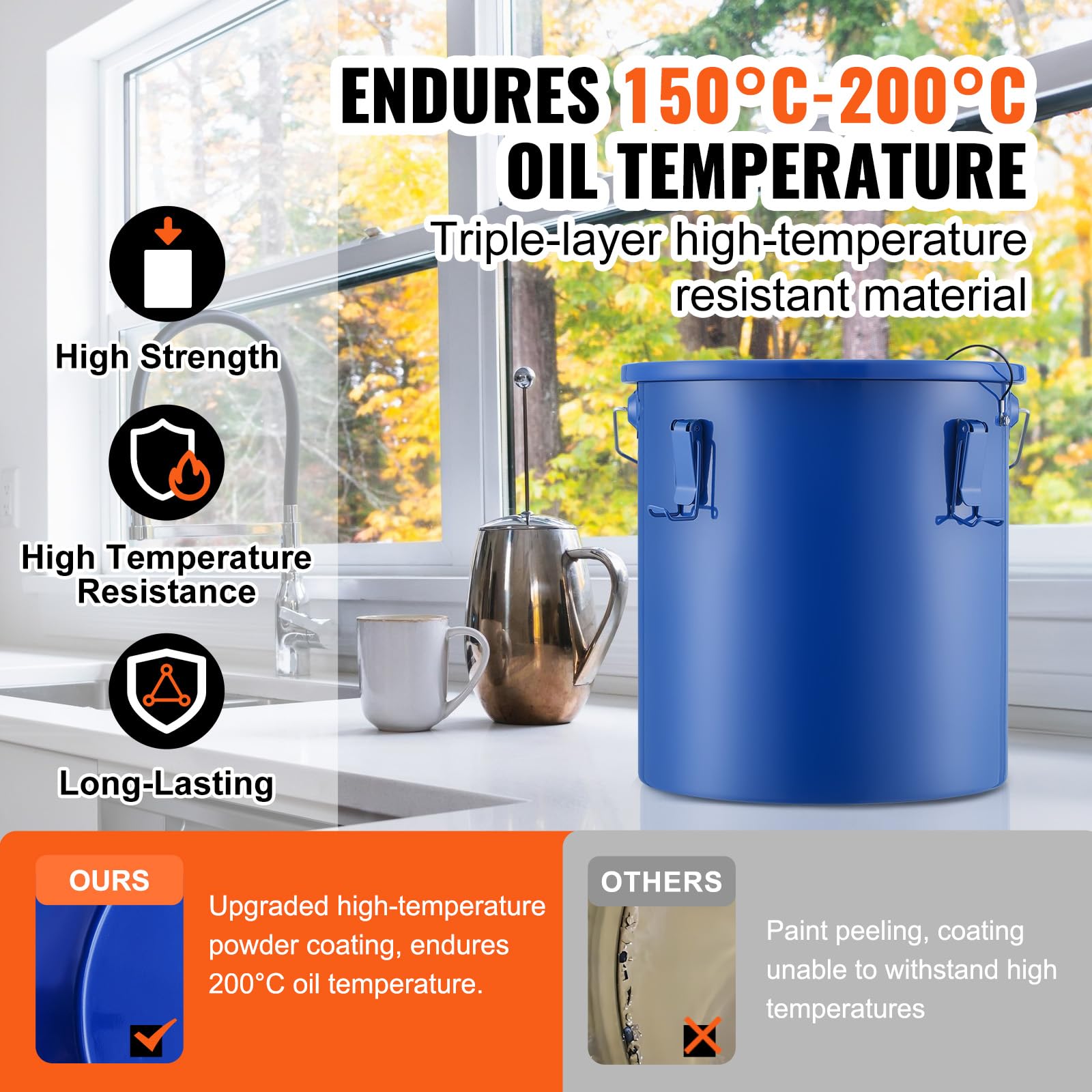 VEVOR Fryer Grease Bucket - 6 Gal Carbon Steel Oil Disposal Caddy with Rust-Proof Coating, Transport Container with Lid, Lock Clips, Filter Bag for Hot Cooking Oil Filtering - Image 3