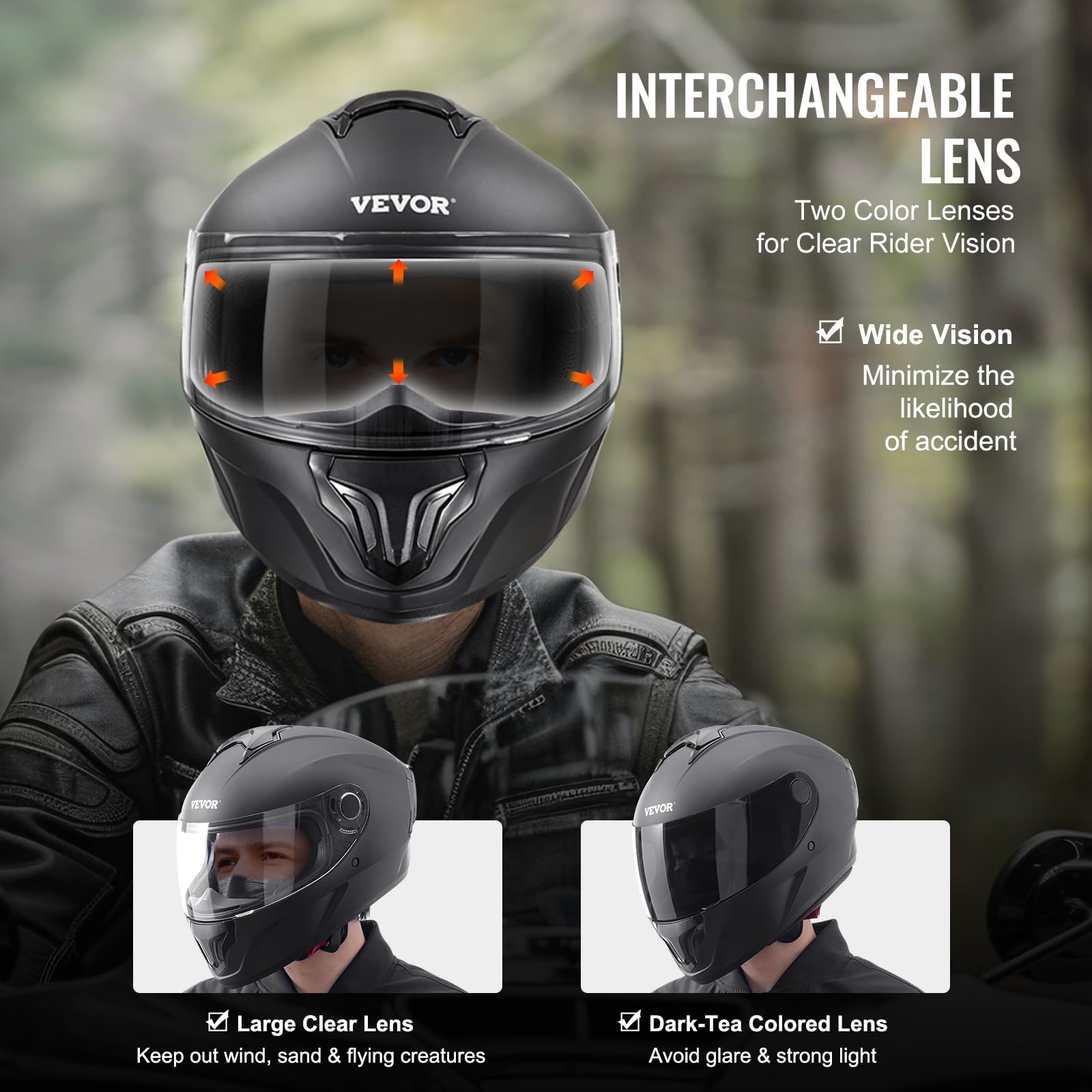 VEVOR Full Face Motorcycle Helmet DOT Approved, Dual Visor & Interchangeable Lens, Smart Street ABS Helmet Comfortable Motocross Helmet, Fit for Youth & Adults - Image 4