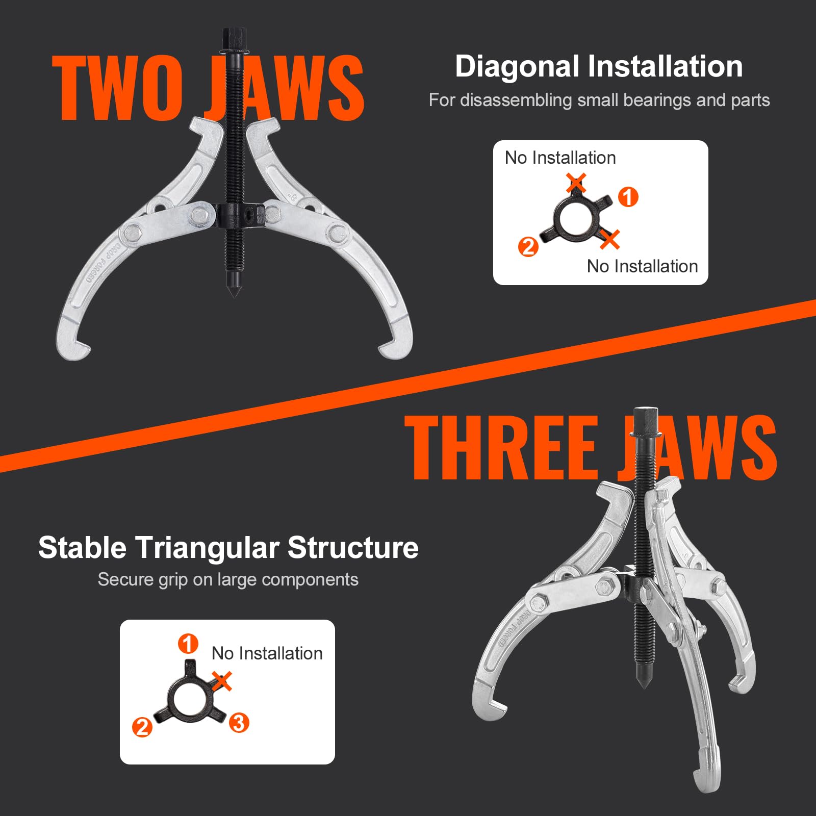 VEVOR Gear Puller Set, 3" 4" 6" 8" Puller Kit, 3 Jaw Gear Bearing Flywheel Pulley Removal Tool, 2 or 3 Reversible Jaws Wheel Puller, Vertically and Horizontally, External and Internal, 4-Piece - Image 4