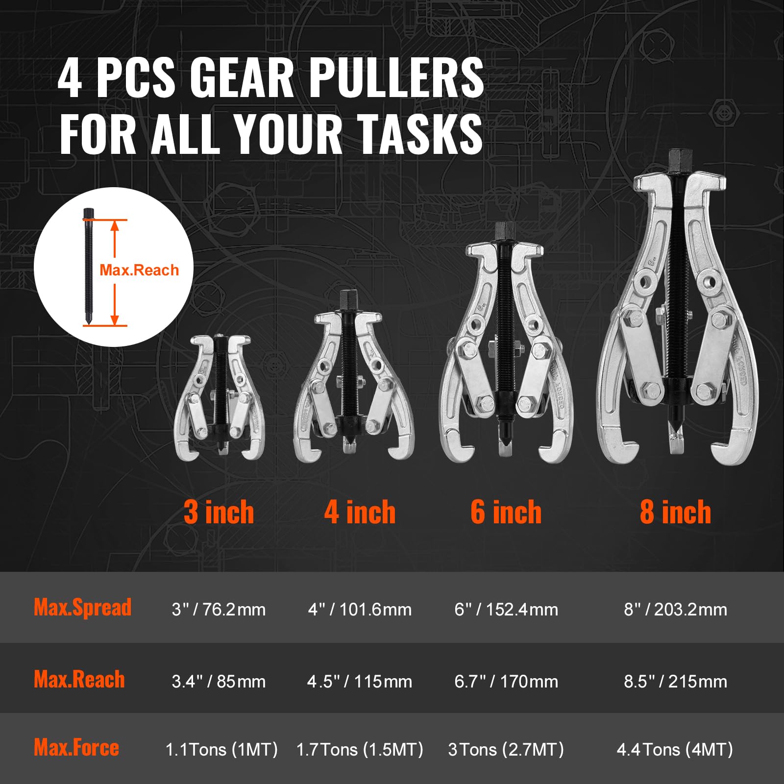 VEVOR Gear Puller Set, 3" 4" 6" 8" Puller Kit, 3 Jaw Gear Bearing Flywheel Pulley Removal Tool, 2 or 3 Reversible Jaws Wheel Puller, Vertically and Horizontally, External and Internal, 4-Piece - Image 6