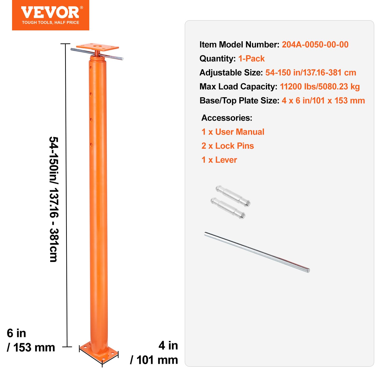 VEVOR House Floor Jack, 54"-150" Height Range, 11200 lbs Max Load Capacity, Adjustable Support Beam Basement Jack Post Pole for Leveling, Lift Support Steel Telescoping Jack for Temporary Support - Image 7