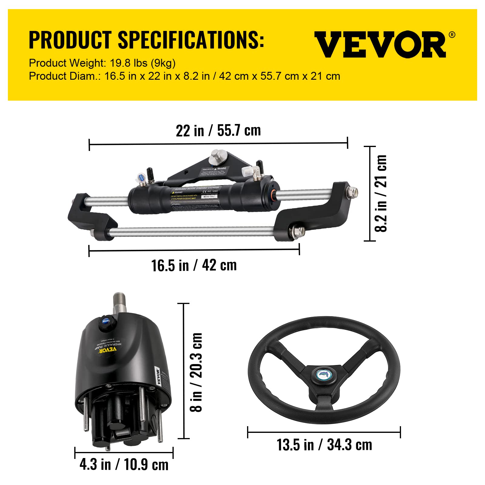 VEVOR Hydraulic Outboard Steering Kit, 90/150/300HP Helm Pump Marine Boat Hydraulic Steering System, 13.5 inch Steering Wheel with 10–26 ft Hydraulic Nylon Hose Option - Image 7