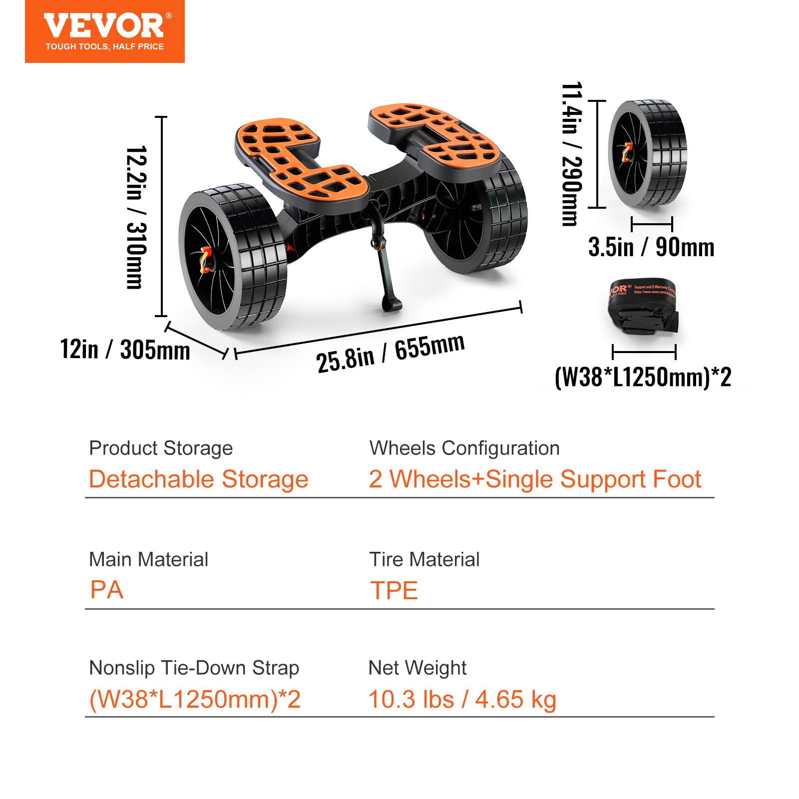 VEVOR Kayak and Canoe Trolley Cart with 10'' Solid Tires，320lbs Load Capacity with Adjustable Brackets and Straps，All-Terrain Durable Kayak Dolly cart - Image 7