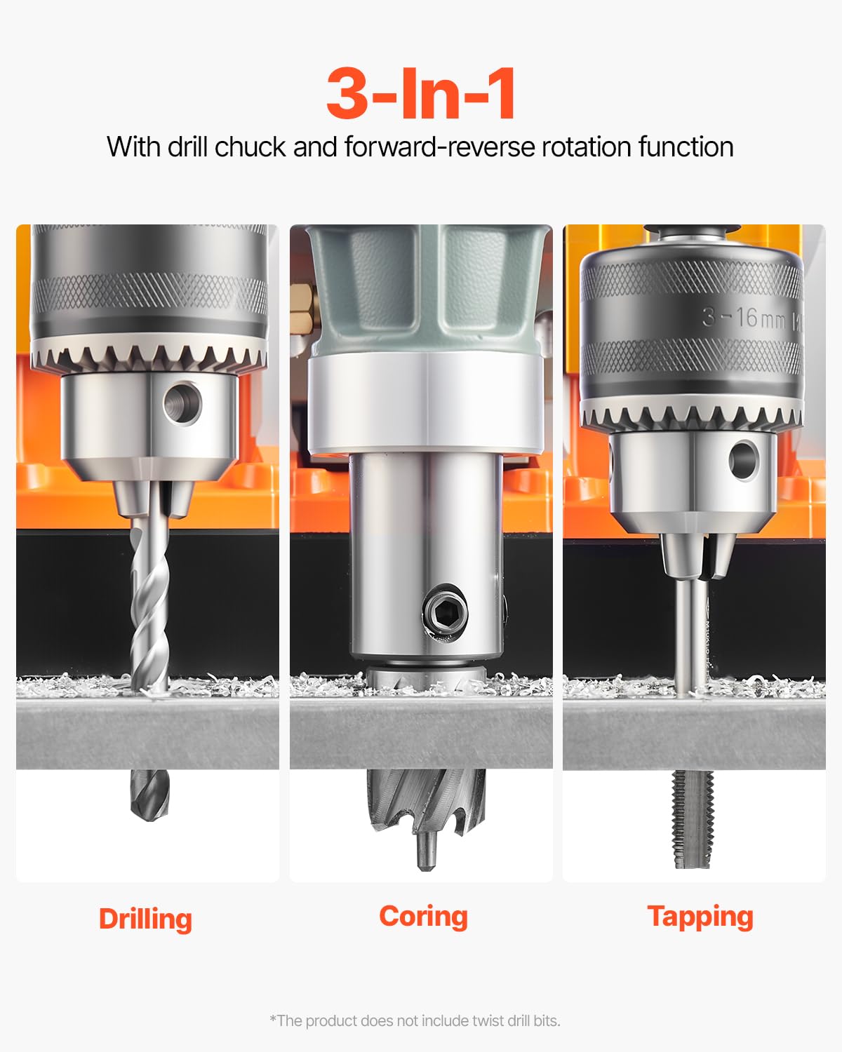 VEVOR Magnetic Drill, 1450W Motor 1.6 in Boring Diameter, 2810 lbf Portable Electric Mag Drill Press, with 2 Coring Bits, Variable Speed, Drilling Machine for Metal Surface, Home Improvement Industry - Image 3