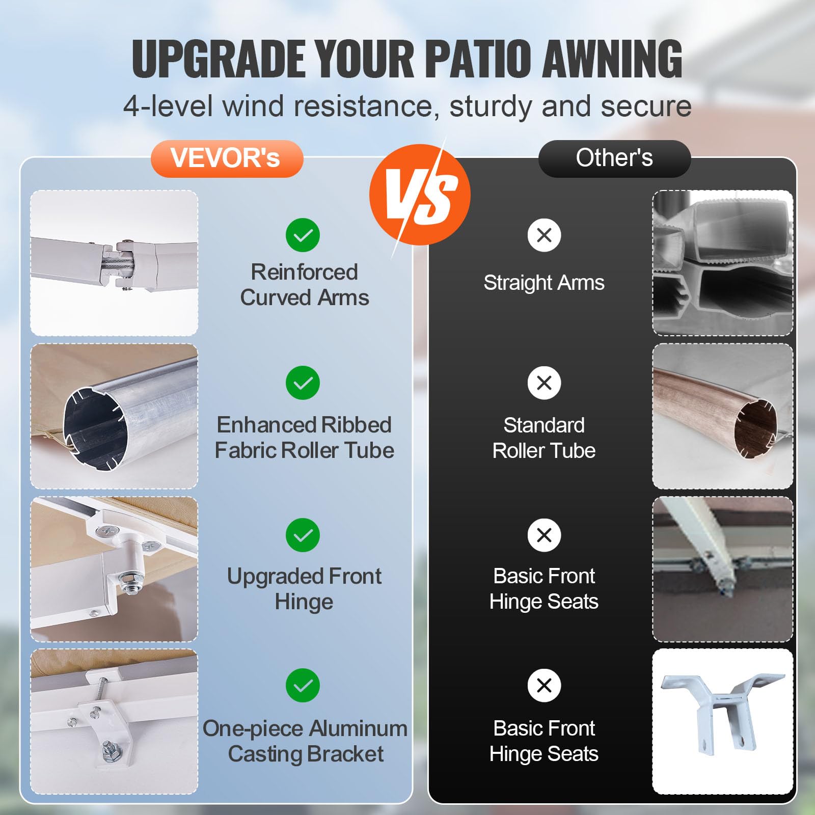 VEVOR Manual Retractable Awning, 12 x 10 ft Outdoor Patio Awning Retractable Sun Shade, Patio Door Window Water-Resistant Polyester Awning Sunshade Shelter with Crank Handle for Balcony, Backyard - Image 3