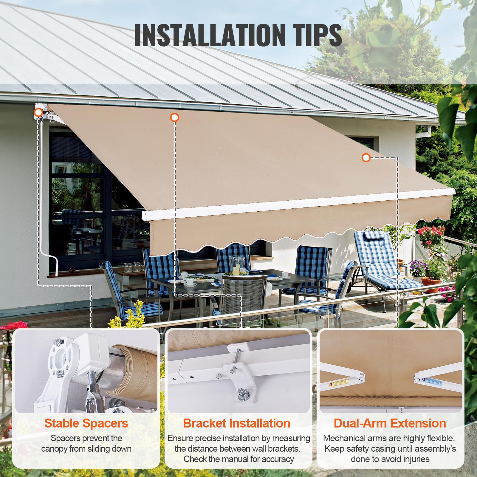 VEVOR Manual Retractable Awning, 12 x 10 ft Outdoor Patio Awning Retractable Sun Shade, Patio Door Window Water-Resistant Polyester Awning Sunshade Shelter with Crank Handle for Balcony, Backyard - Image 5