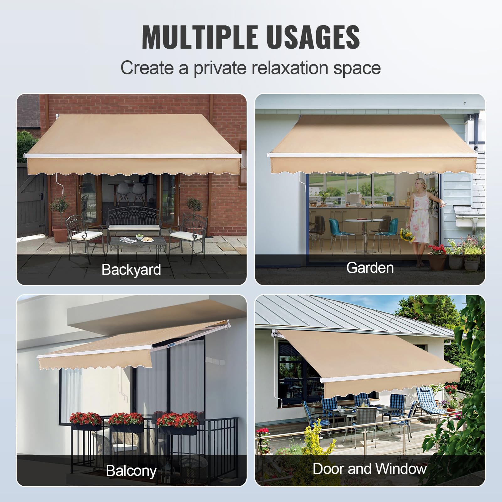 VEVOR Manual Retractable Awning, 12 x 10 ft Outdoor Patio Awning Retractable Sun Shade, Patio Door Window Water-Resistant Polyester Awning Sunshade Shelter with Crank Handle for Balcony, Backyard - Image 6