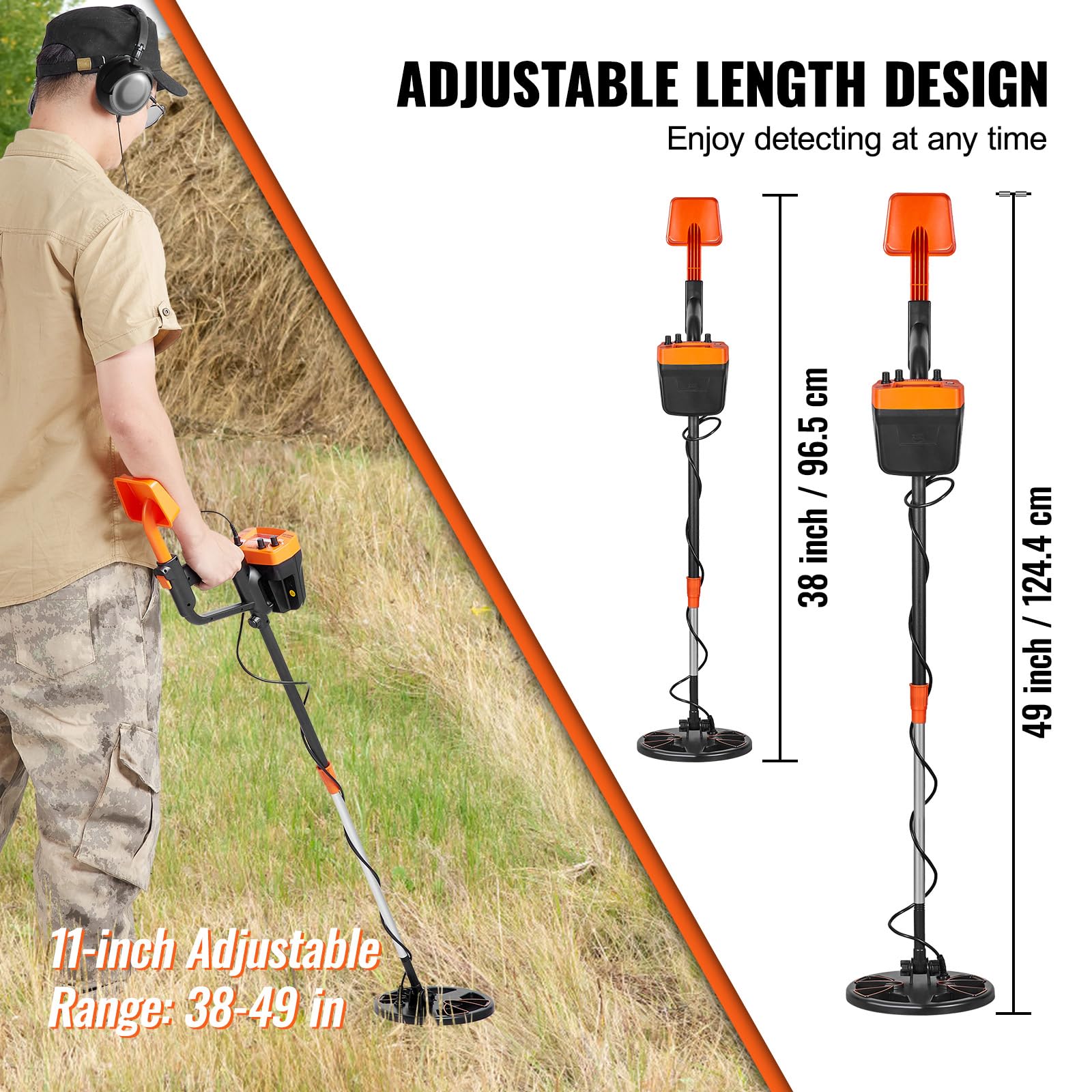 VEVOR Metal Detector for Adults & Kids, 8 Inch Waterproof Search Coil with High Accuracy Pointer Display, Adjustable 38''-49'' Gold Detector, Lightweight Aluminum Stem for Detecting Gold Treasure - Image 3